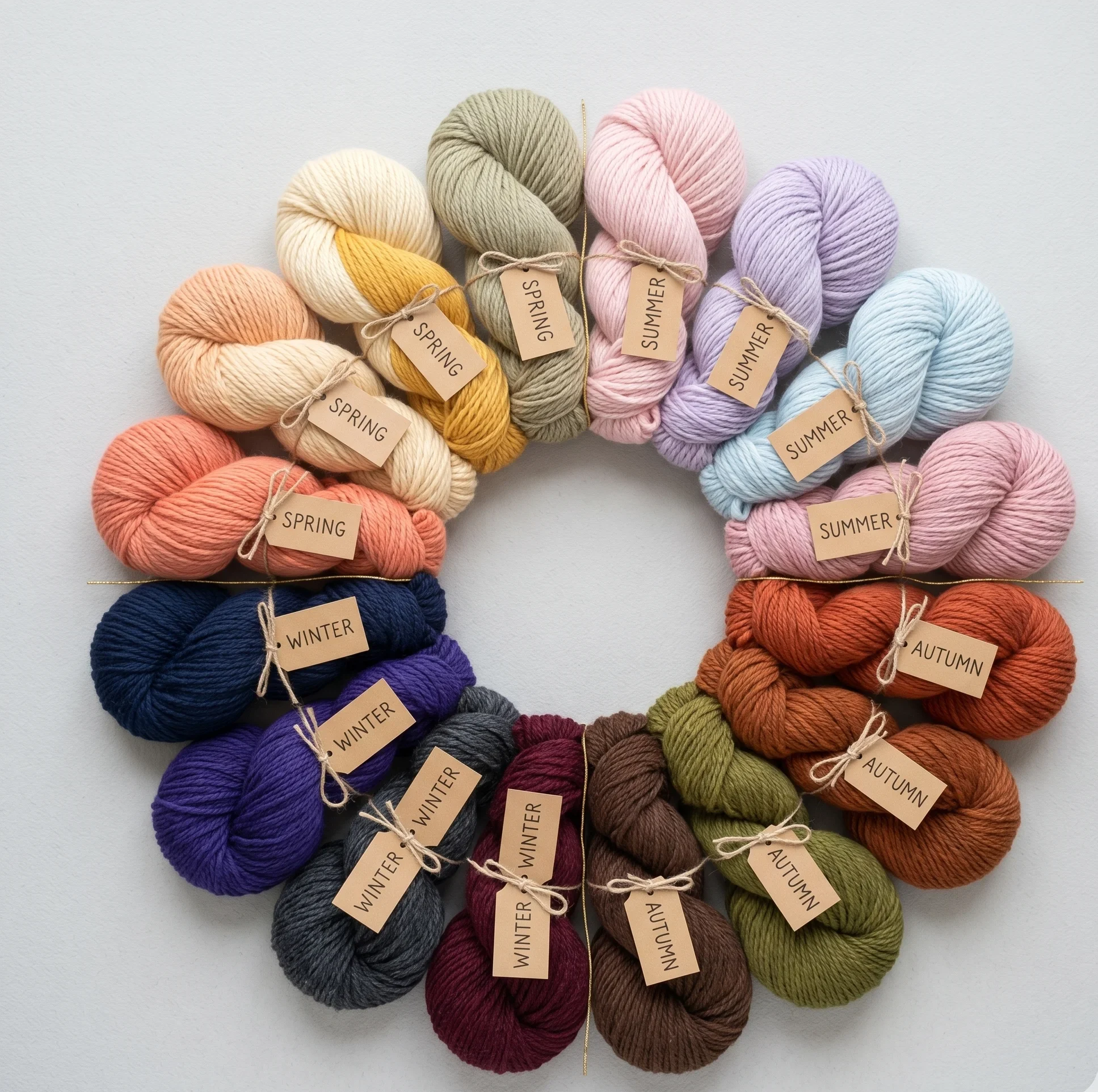 16 seasonal colour analysis yarn hanks arranged as a colour wheel by season family — visualising how all 16 color seasons connect and relate to each other