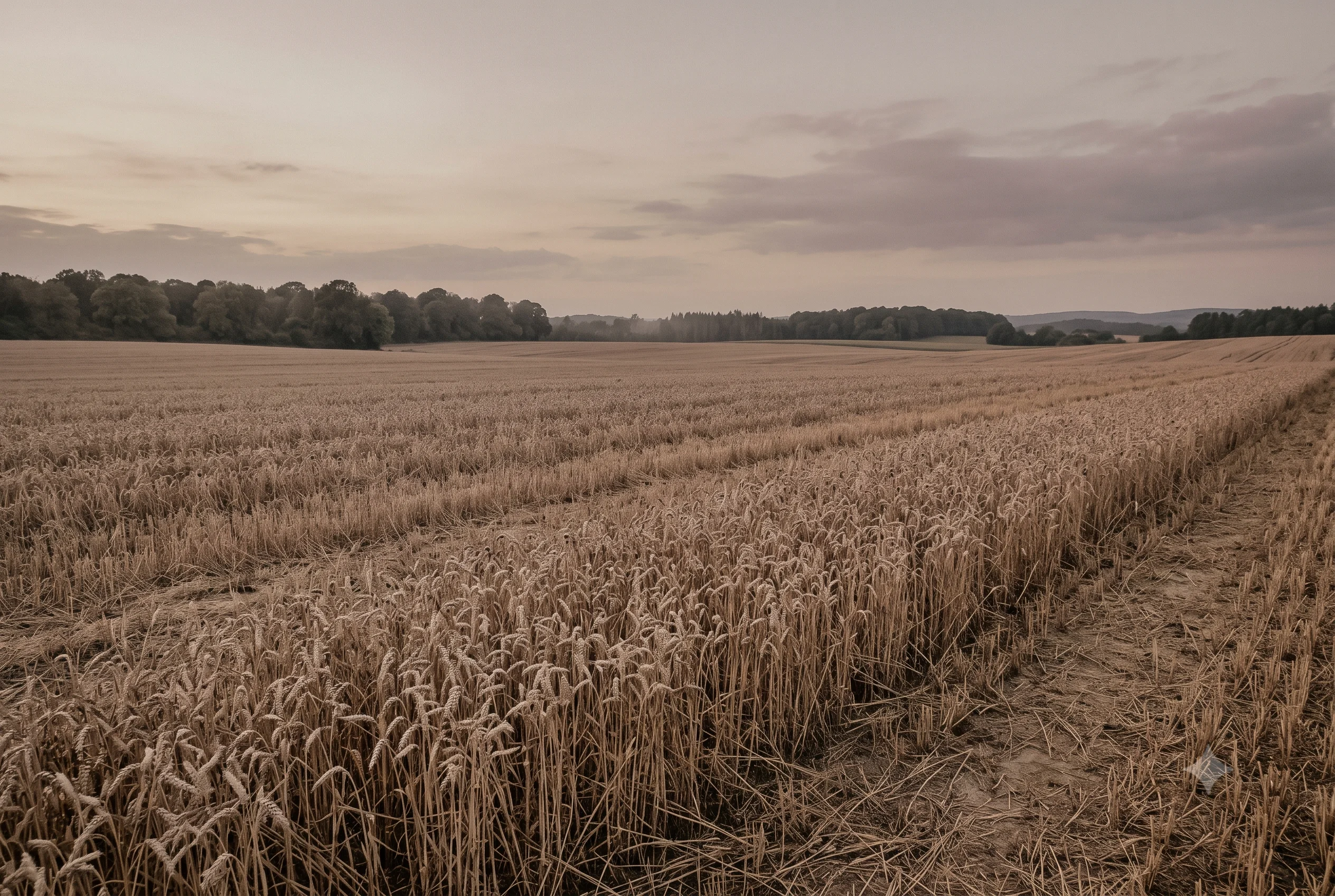 A dried wheat field at late summer dusk in warm dusted beige-grey tones matching Soft Parchment colour #C4C0B0 — natural occurrence of the Soft Summer palette's deepest warm-neutral swatch.