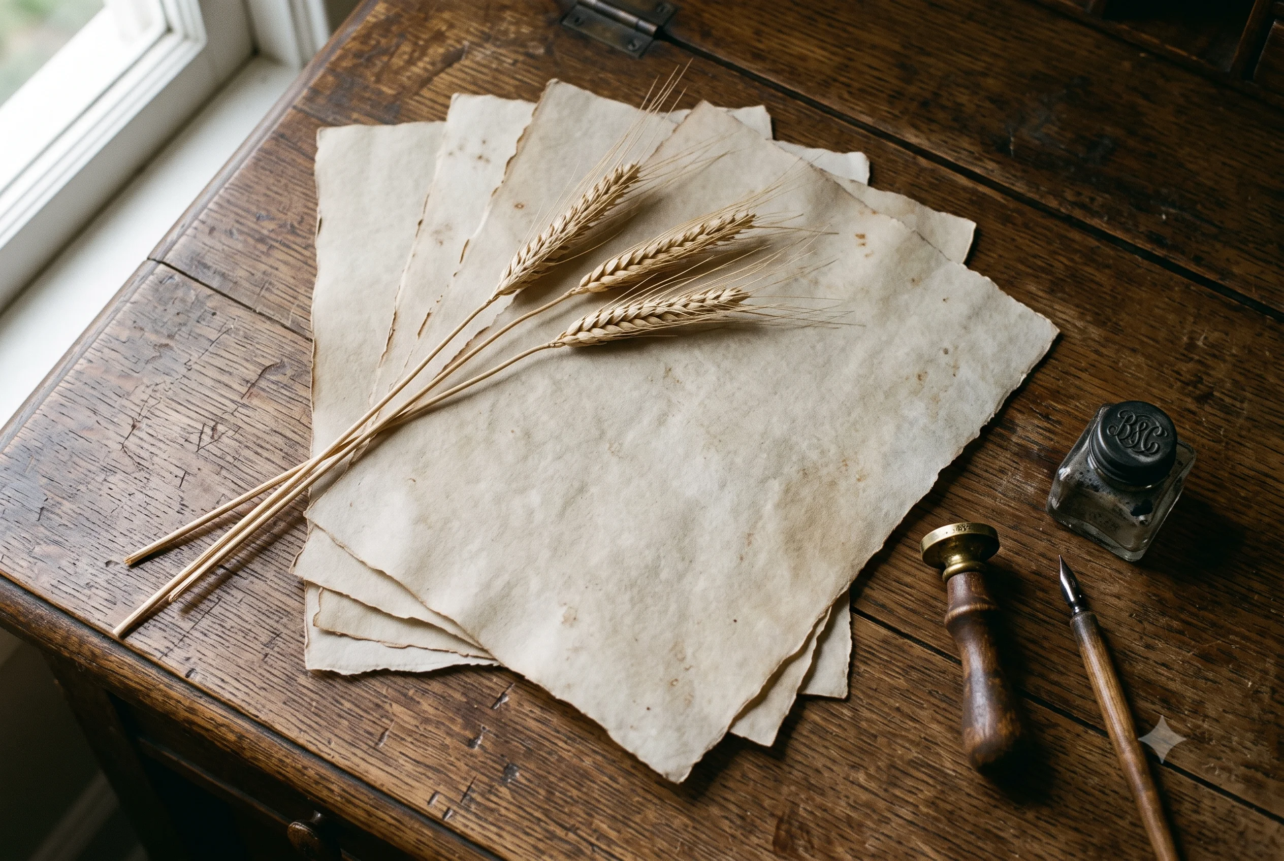  Aged vellum-style manuscript pages with dried wheat stalks and a brass wax seal on a wooden desk — hero image for Soft Parchment colour #C4C0B0, the Soft Summer palette's warm aged-paper neutral.