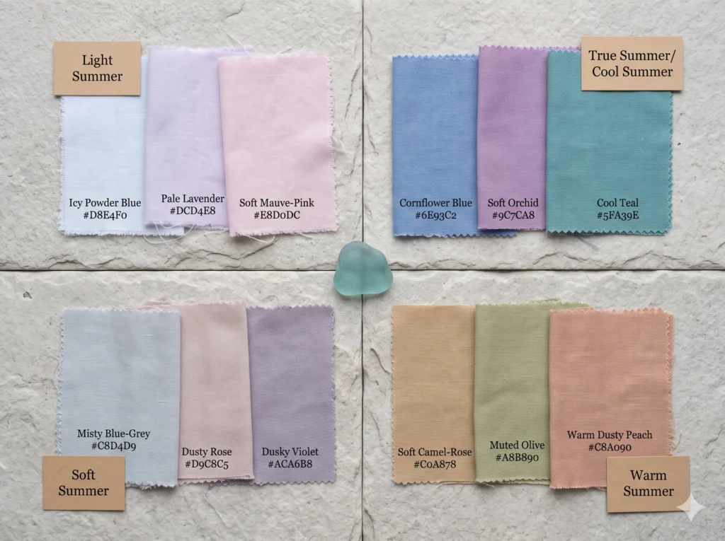 All four Summer color palette sub-seasons shown as fabric swatch clusters — Light Summer (icy pastels), True Summer (clear cool blue, orchid, teal), Soft Summer (muted misty blue-grey, dusty rose), and Warm Summer (soft camel-rose, muted olive) — arranged around a central piece of cool sea glass