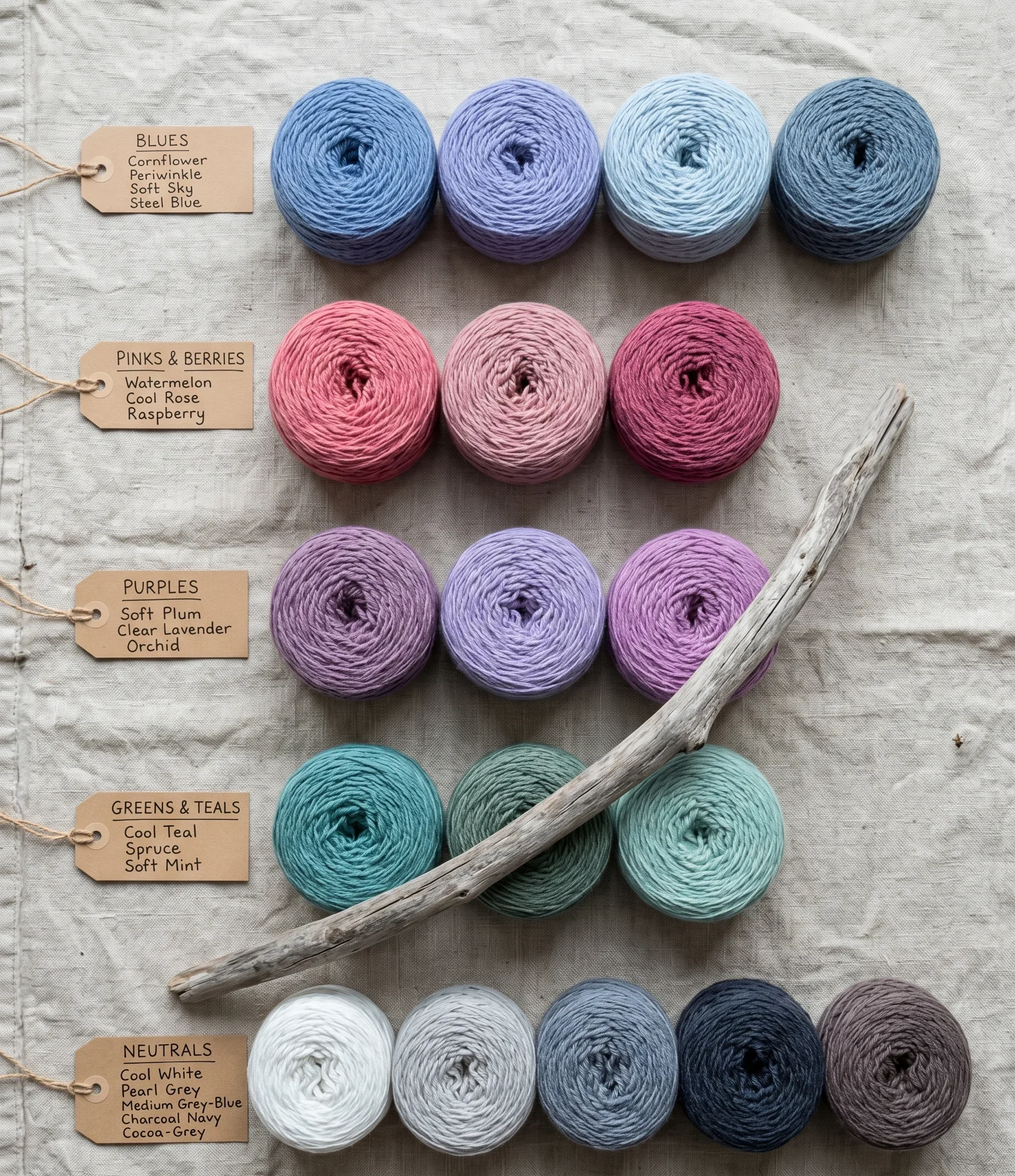 True Summer color palette shown as five rows of yarn hanks organised by family — blues, pinks and berries, purples, greens and teals, and neutrals — illustrating every cool, medium-saturation colour in the true summer color palette