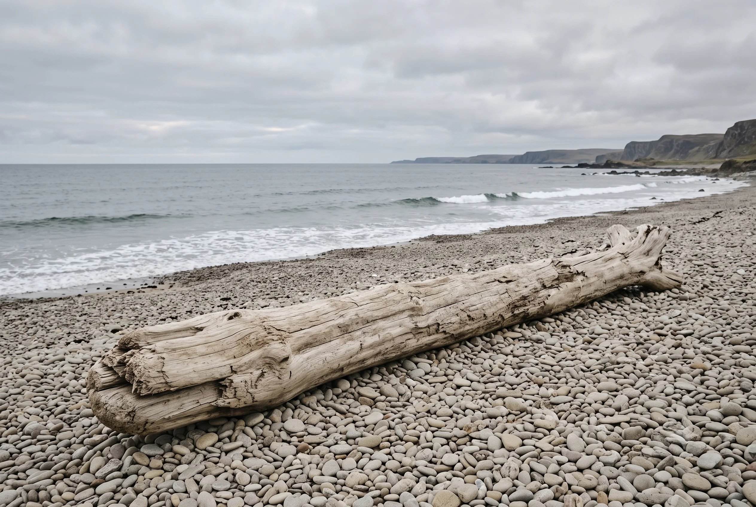 Bleached weathered driftwood on pale grey shingle beach in flat overcast light — hero image for Warm Greige colour #D4D0C0, showing the warm greige tone that natural materials develop when warmth and salt air reach equilibrium.