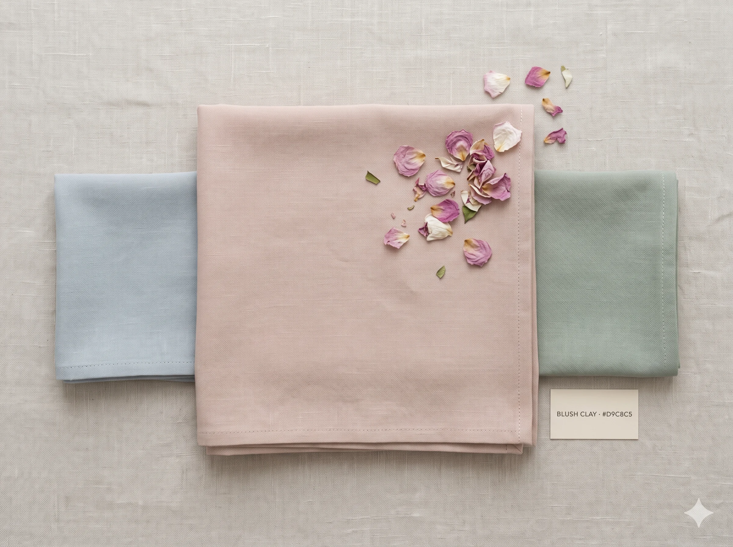  Blush Clay fabric square at centre flanked by Misty Blue-Grey and muted sage — showing the rose-wing neutral's wardrobe role as the warm anchor in Soft Summer's otherwise cool palette, with dried rose petal accents.
