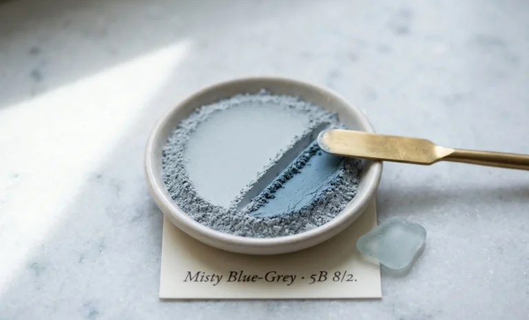 Close-up of finely ground Misty Blue-Grey pigment powder in a ceramic dish with a brass spatula and label card reading the Munsell notation — final colour validation reference for the Soft Summer palette.