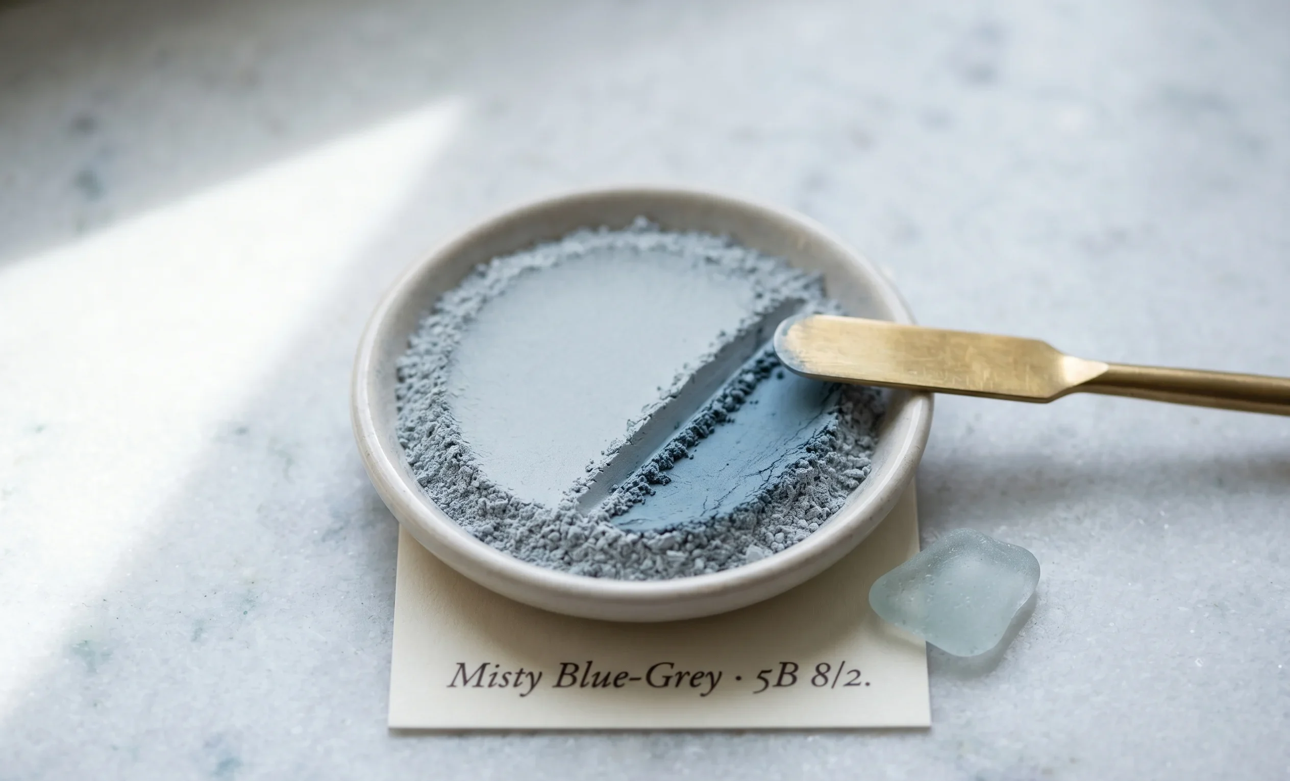 Close-up of finely ground Misty Blue-Grey pigment powder in a ceramic dish with a brass spatula and label card reading the Munsell notation — final colour validation reference for the Soft Summer palette.