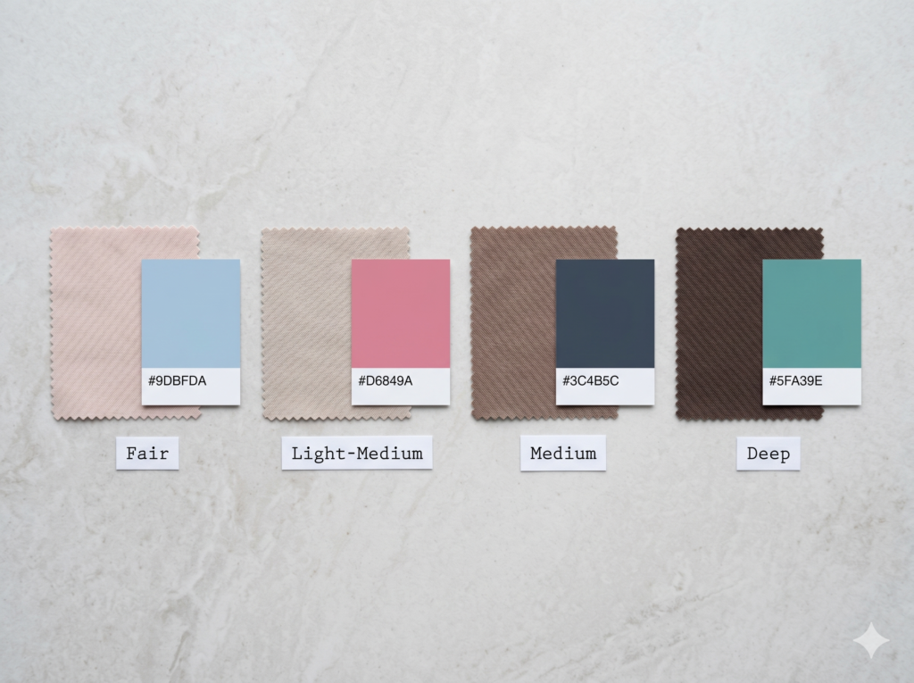 Four paired fabric swatches showing True Summer color palette harmony across four skin depths — fair, light-medium, medium, and deep — each cool-toned neutral fabric paired with a True Summer colour from soft sky blue to cool teal