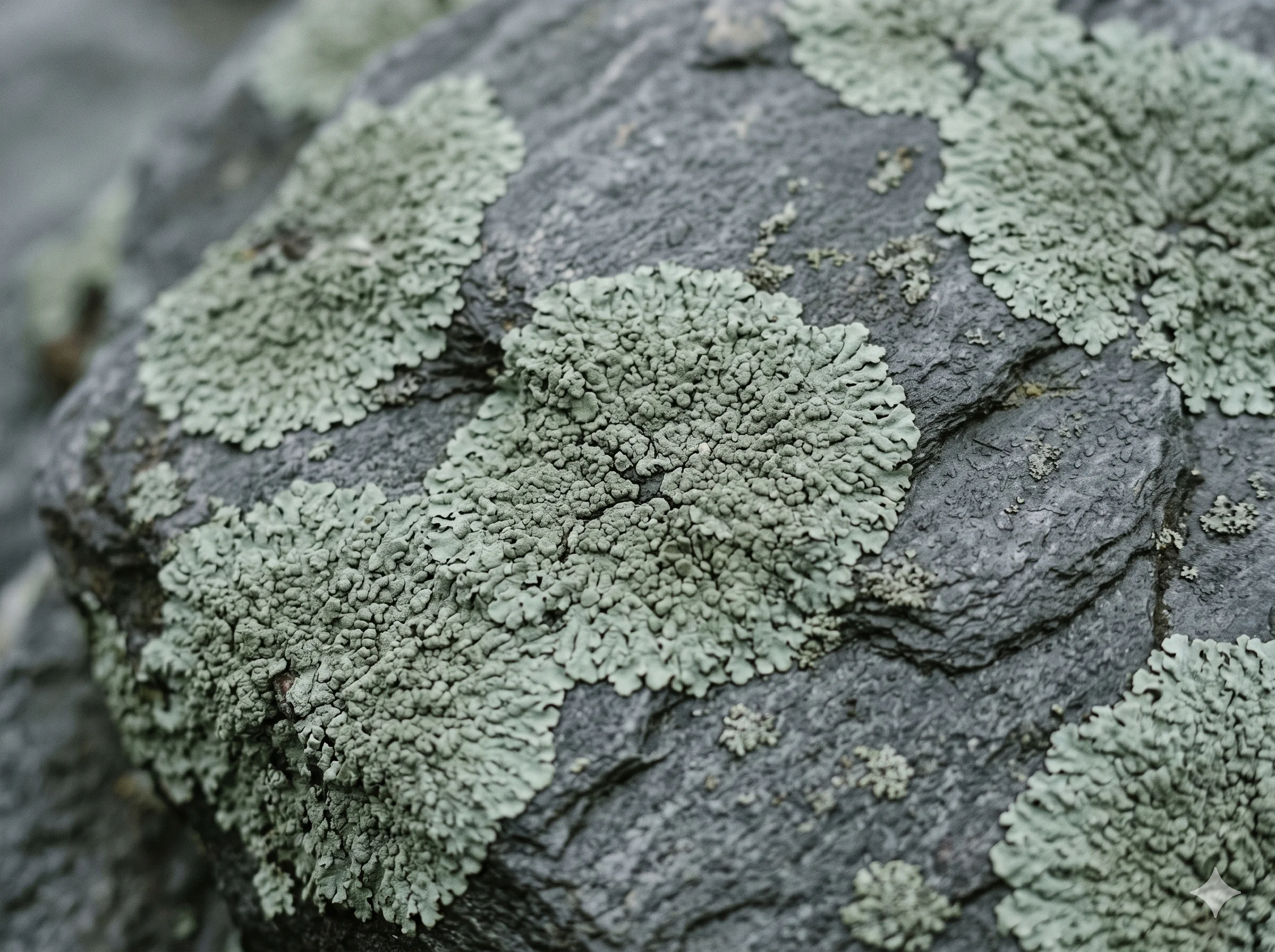 Cool grey-green lichen growing on coastal slate photographed in flat overcast light, matching the muted sage green colour #B8C4BA — the palette swatch as it exists in its natural geological and botanical form.