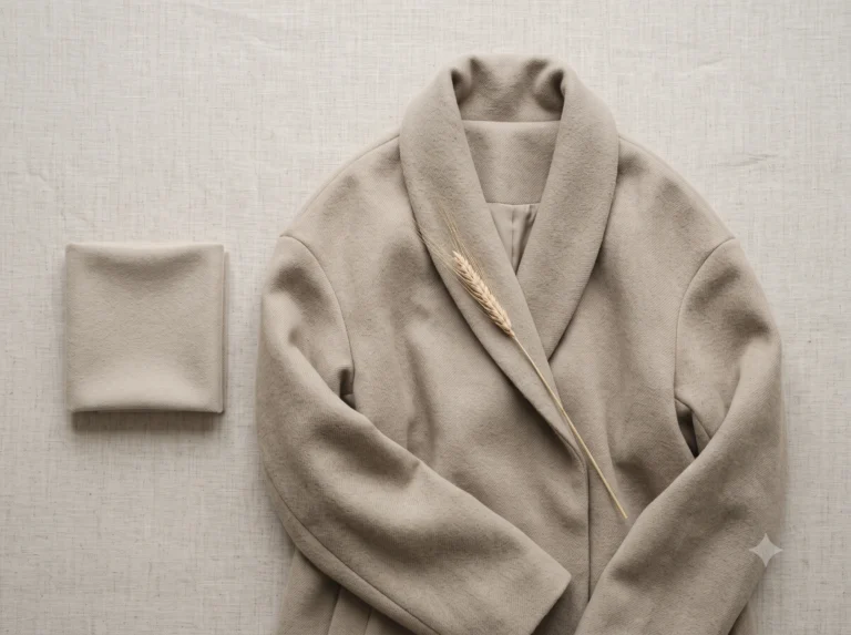 Draped wool coat fabric in Soft Parchment colour #C4C0B0 with a Warm Greige reference swatch and dried wheat accent — clothing-illustration image showing the warm-neutral's role as an outerwear anchor in the Soft Summer palette.