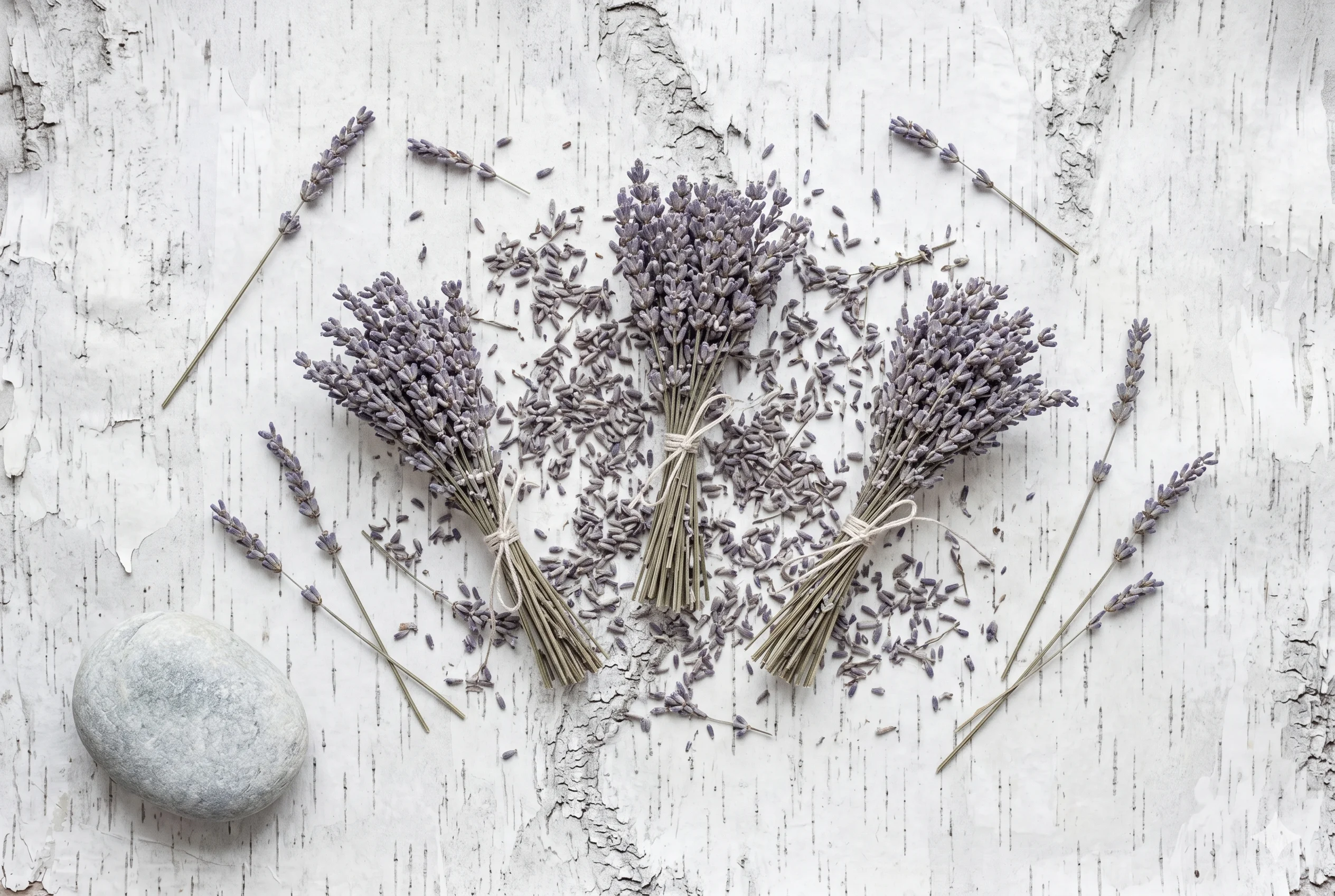 Dried lavender sprigs in muted grey-violet tones scattered on silver birch bark — hero image for Soft Lavender colour #C9C5D3 as an official Soft Summer palette swatch.