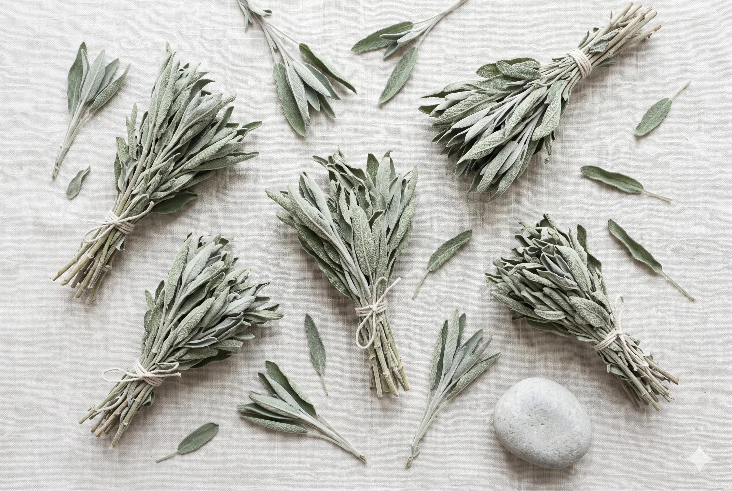 Dried sage bundles in cool grey-green tones on pale linen — hero image for Muted Sage Green colour #B8C4BA as an official Soft Summer palette neutral, showing the herb in its cooled, desaturated form.