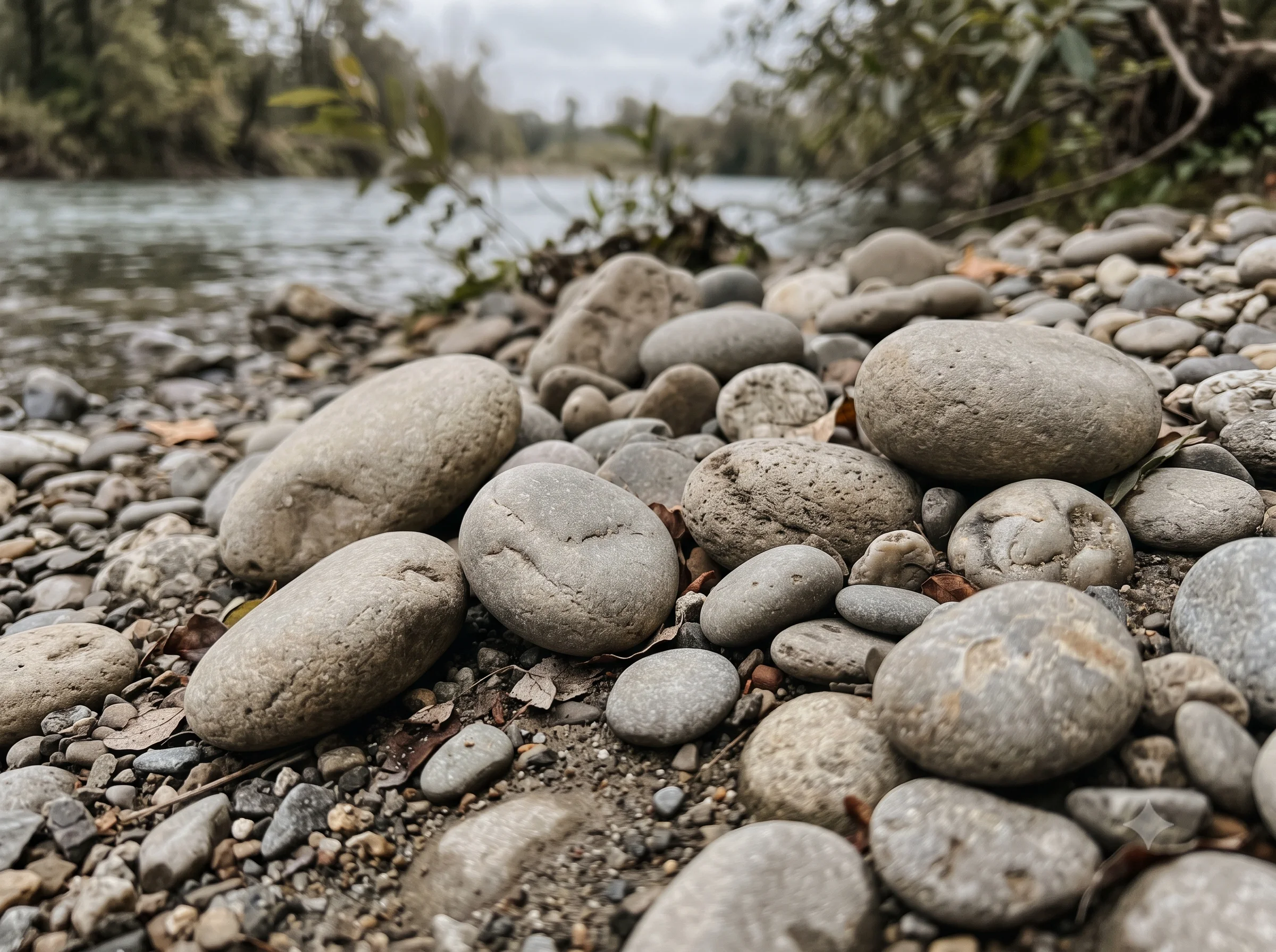 Dry river stones in flat overcast light on a shaded riverbank showing warm greige tones matching #D4D0C0 — the geological version of warm neutral that appears when mineral warmth is filtered through diffused, grey light.