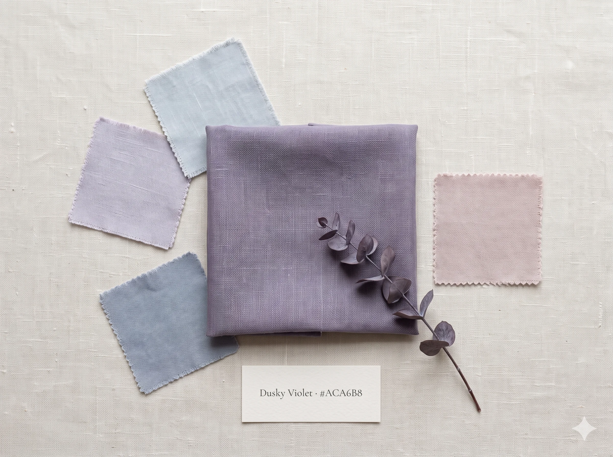 Dusky Violet fabric square at centre, flanked by four Soft Summer cool-neutral siblings — Soft Lavender, Misty Blue-Grey, Slate Blue, and dusty rose — showing its role as the deepest accent in the Soft Summer cool-neutral arc.