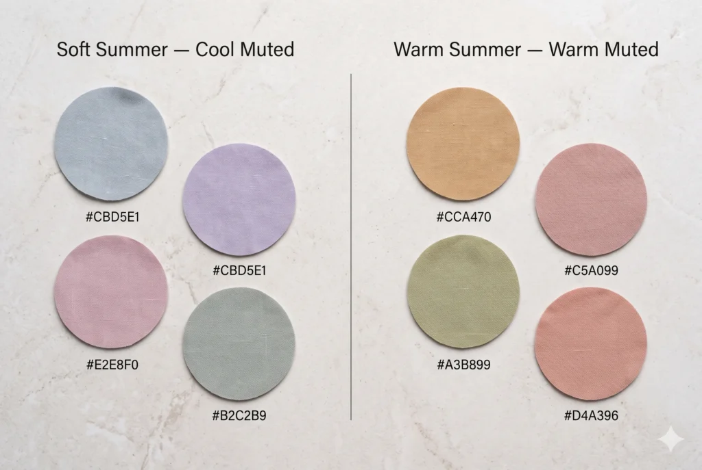 Alt Text Editorial flat-lay comparison of Soft Summer cool-neutral muted fabric swatches versus Warm Summer warm-neutral hybrid color palette swatches on stone.