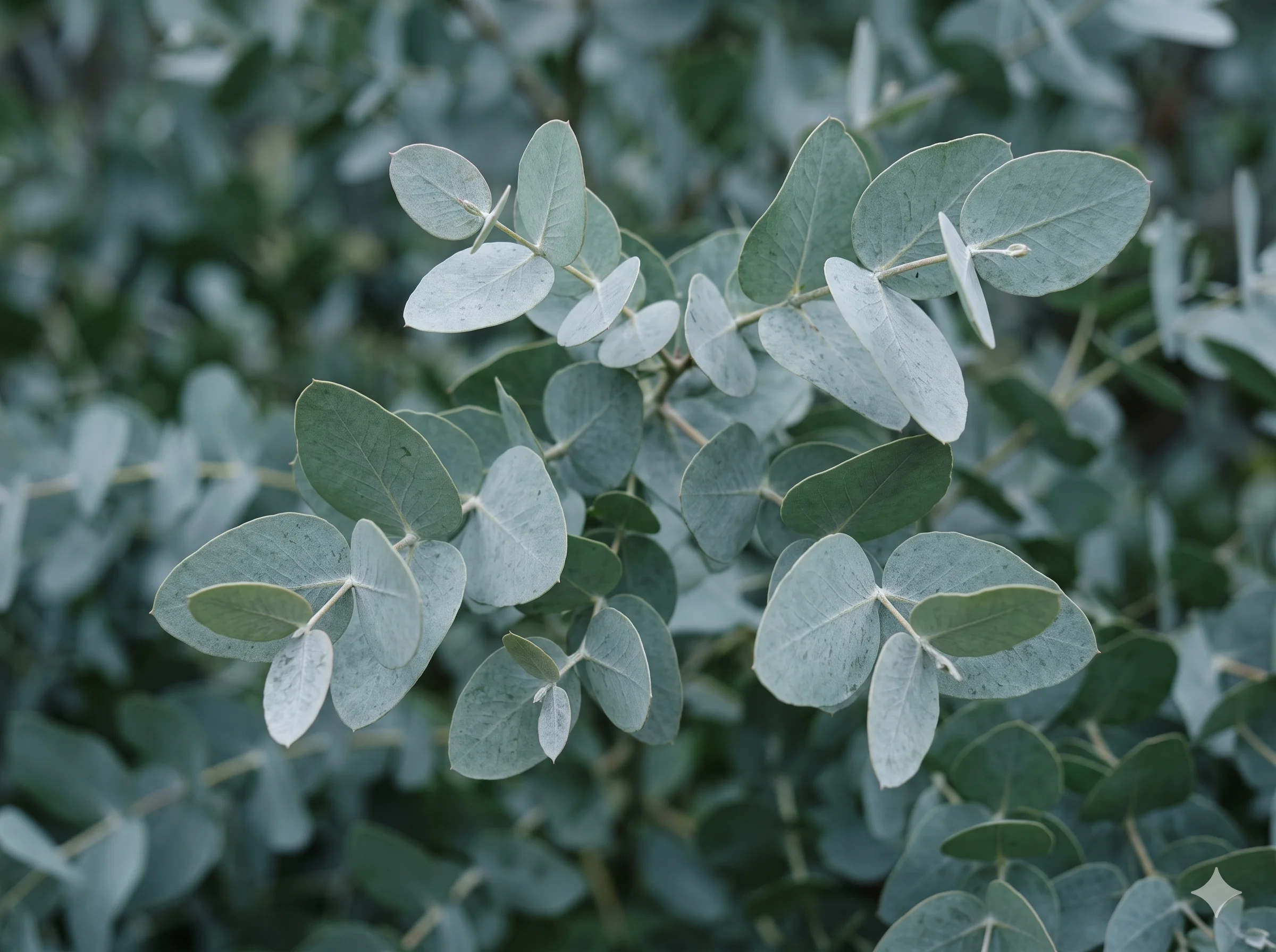 Eucalyptus leaves in cool deep shade in grey-green tones matching Muted Sage Green #B8C4BA — showing the natural atmospheric version of cool muted sage as it exists in shade rather than sunlight.