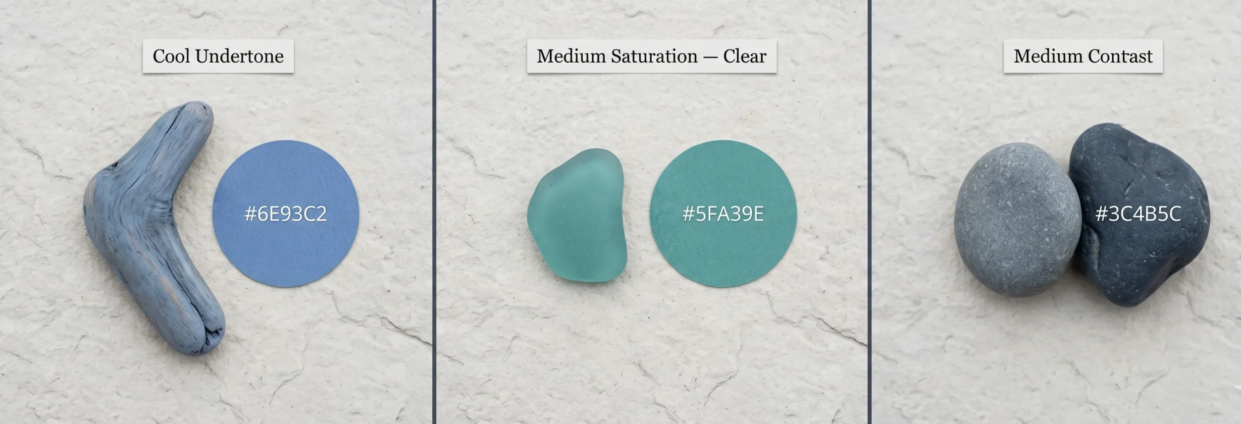 Three-panel illustration of the True Summer color palette's defining qualities — cool undertone shown via blue-grey driftwood and cornflower fabric, medium saturation shown via clear cool teal sea glass, and medium contrast shown via two stones with a visible but moderate value difference