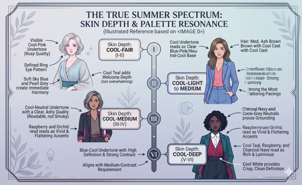 True Summer at Every Skin Depth
True Summer characteristics occur across the full range of skin depths. The cool undertone and medium-clarity quality are determined by the skin's biology — not by how much melanin is present.