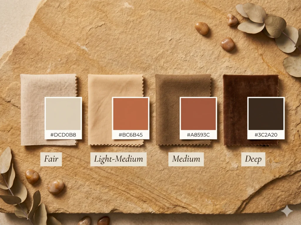 Four paired fabric swatches showing Soft Autumn color palette harmony across four skin depths — fair, light-medium, medium, and deep — each warm-neutral fabric paired with a Soft Autumn colour from oatmeal to espresso