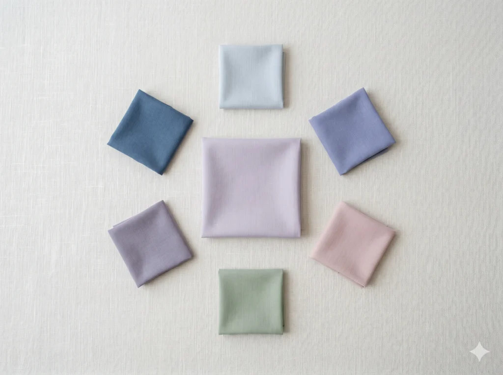 Soft Lavender swatch at centre surrounded by six Soft Summer companion colours — Misty Blue-Grey, Slate Blue, Steel Mist, dusty rose, sage, and dusky violet — showing what colors go with soft lavender in the Soft Summer palette.