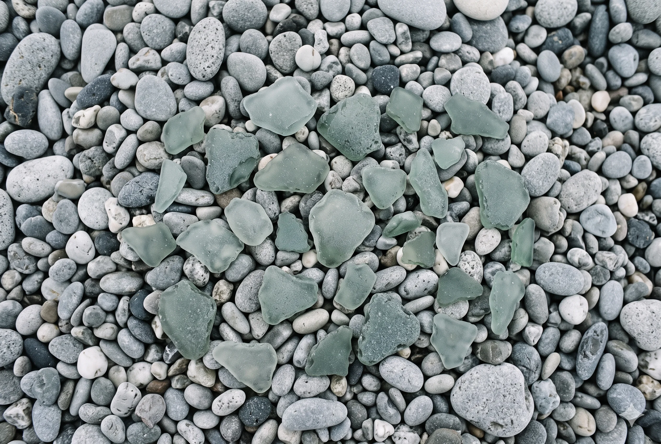Green sea glass on grey shingle beach in cool overcast light — natural reference for Soft Fern colour #A8B4AA as the cooled, grey-washed version of green that results from prolonged exposure to cold water and flat light.