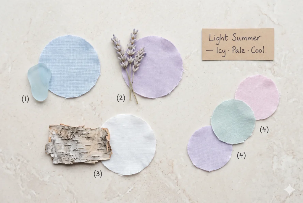 Light Summer palette objects — pale blue sea glass, dried lavender, silver birch bark alongside powder blue, soft lavender, icy pink, cool mint, and pale violet fabric swatches — illustrating the light summer colour palette's icy, airy character
