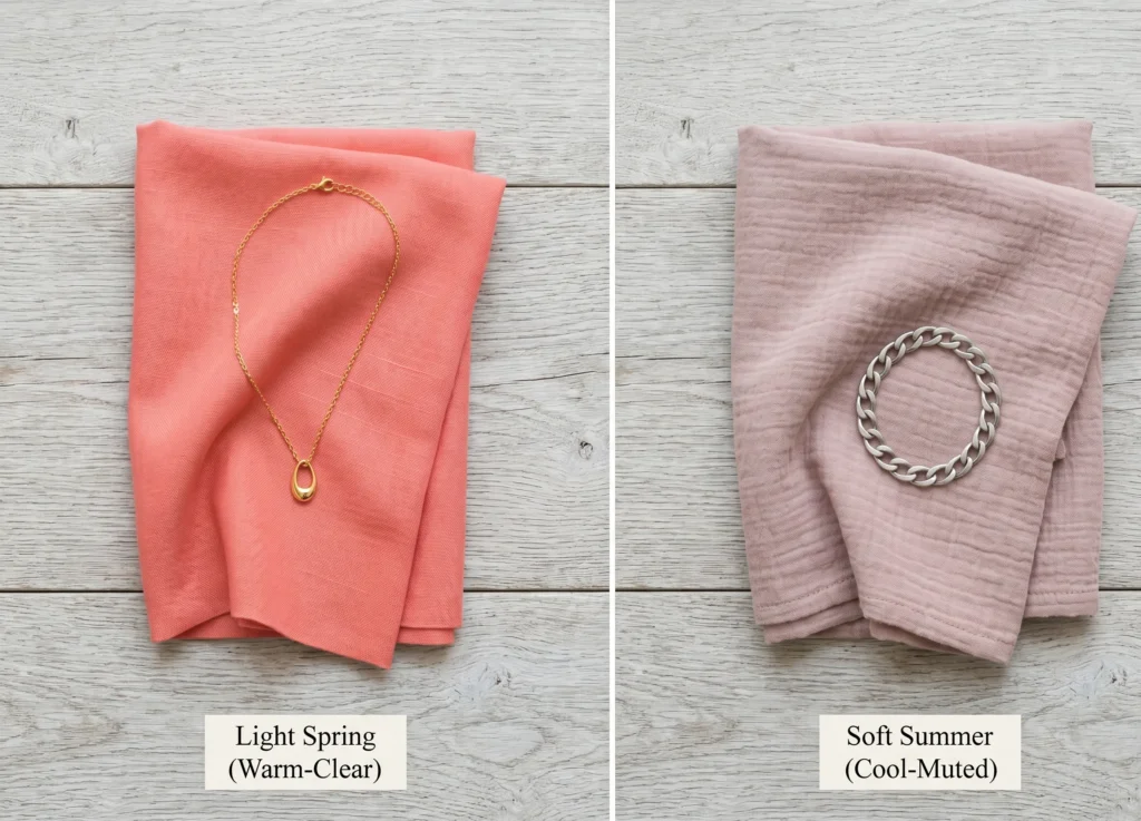 Split-screen color comparison of Light Spring (warm coral fabric with gold jewelry) versus Soft Summer (cool dusty-rose fabric with brushed silver jewelry) — illustrating the warm vs cool undertone test.