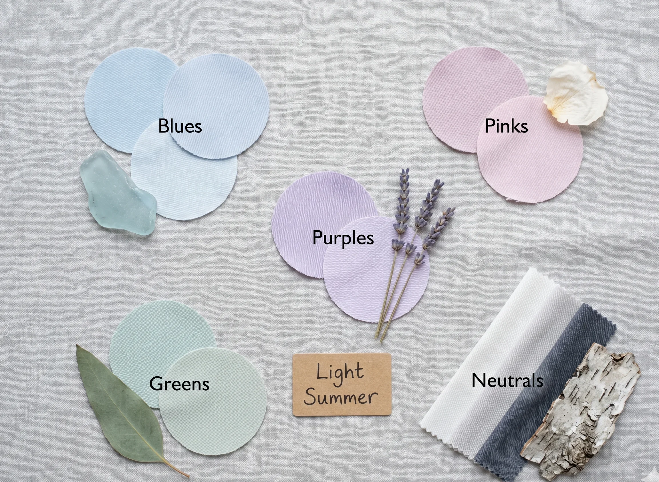 Light Summer color palette shown in five family groupings — blues with sea glass, pinks with dried rose petals, purples with lavender stalks, greens with eucalyptus, and neutrals with silver birch bark — illustrating the complete light summer colour palette through natural objects