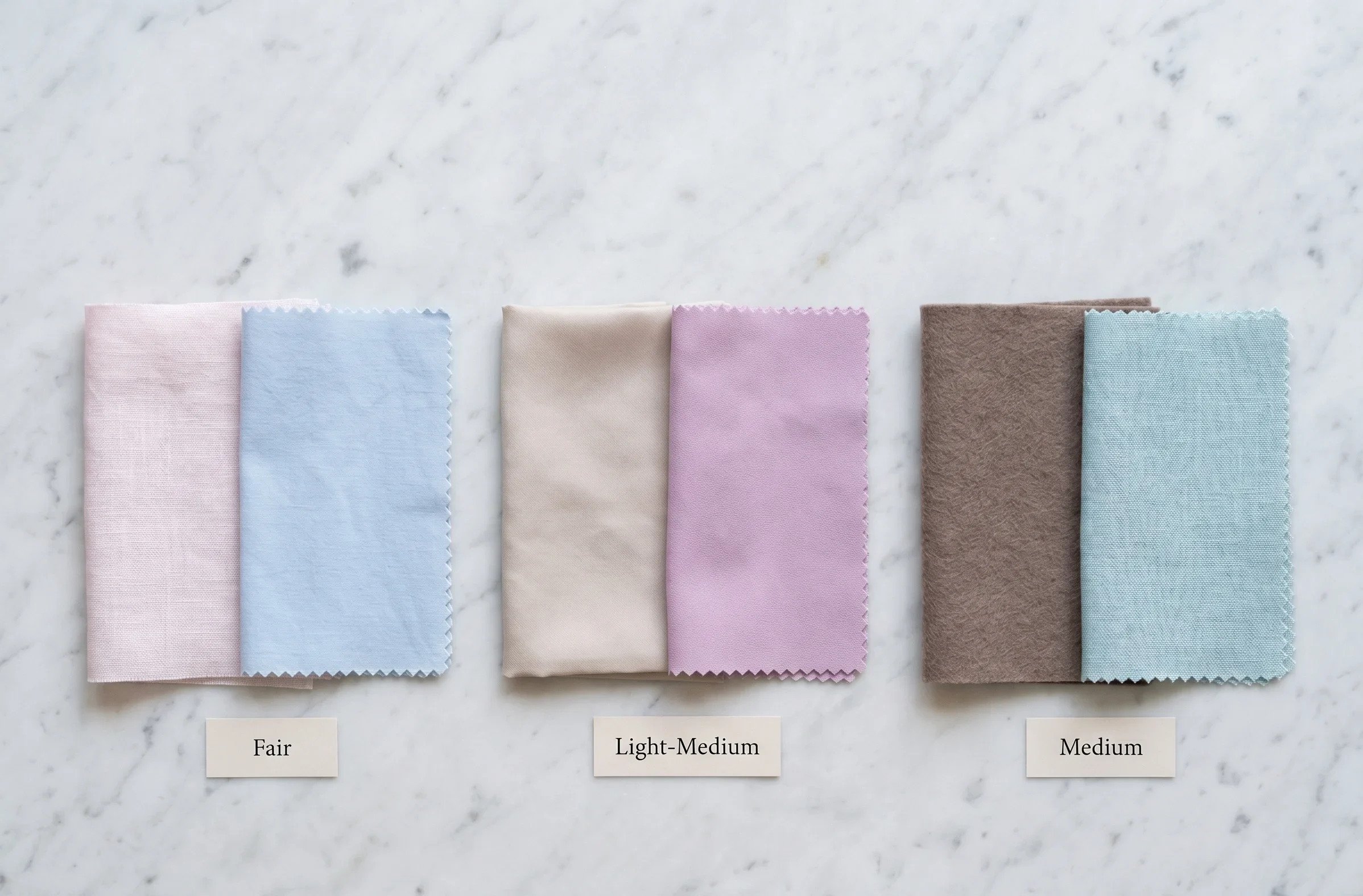 "Three paired fabric swatches showing Light Summer palette harmony at fair, light-medium, and medium skin depths — powder blue with fair cool fabric, soft orchid with light-medium cool beige, cool aqua with medium cool brown