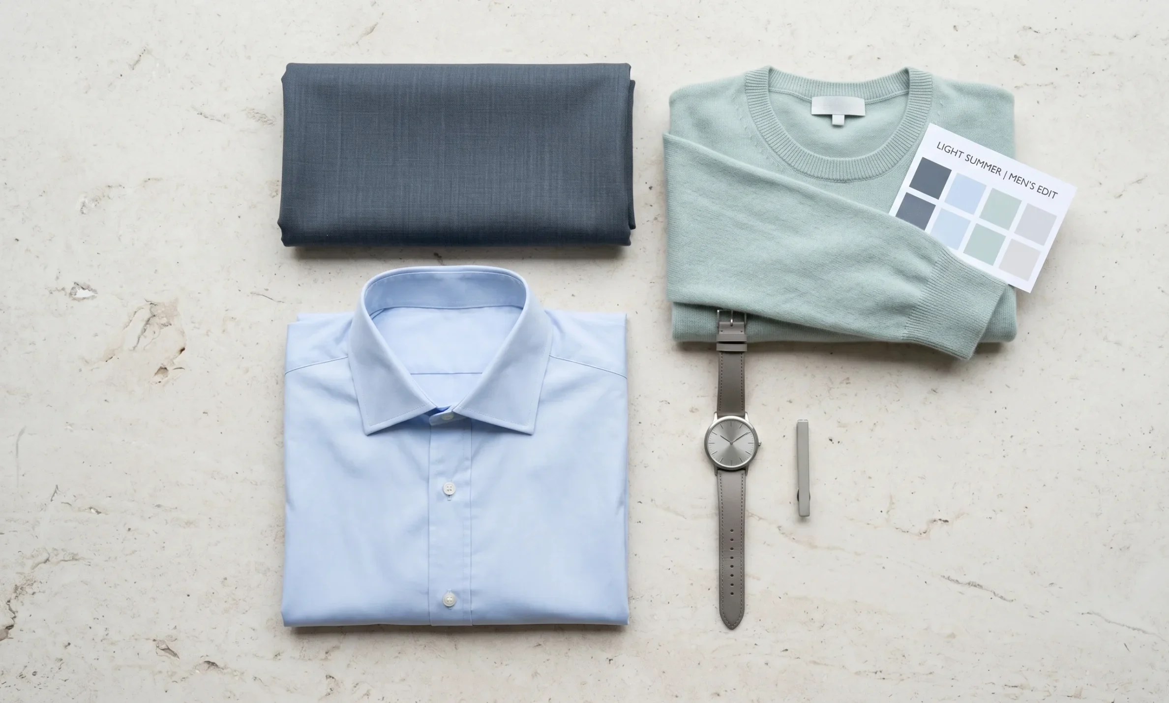 Light Summer men's wardrobe flat-lay featuring a deep slate suit jacket, soft sky-blue shirt, cool mint cashmere sweater, and brushed silver accessories.