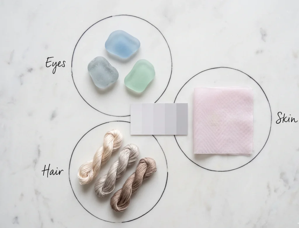 Light Summer physical characteristics illustrated through sea-glass eyes, ash-blonde silk hair hanks, and porcelain-pink skin fabric, showing the season's low-contrast delicate value range.