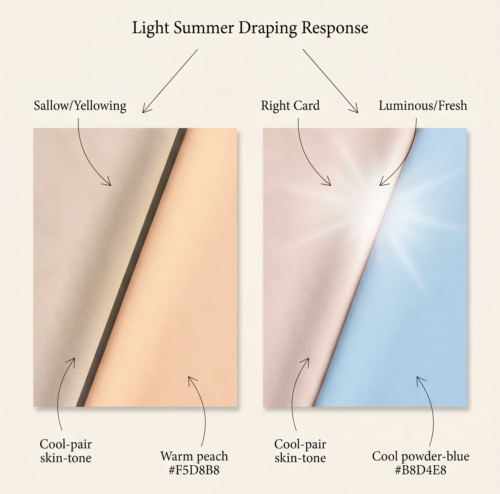Draping response diagram showing how warm peach fabric yellows cool-fair skin (left) compared to the fresh, illuminating effect of cool powder blue fabric (right).