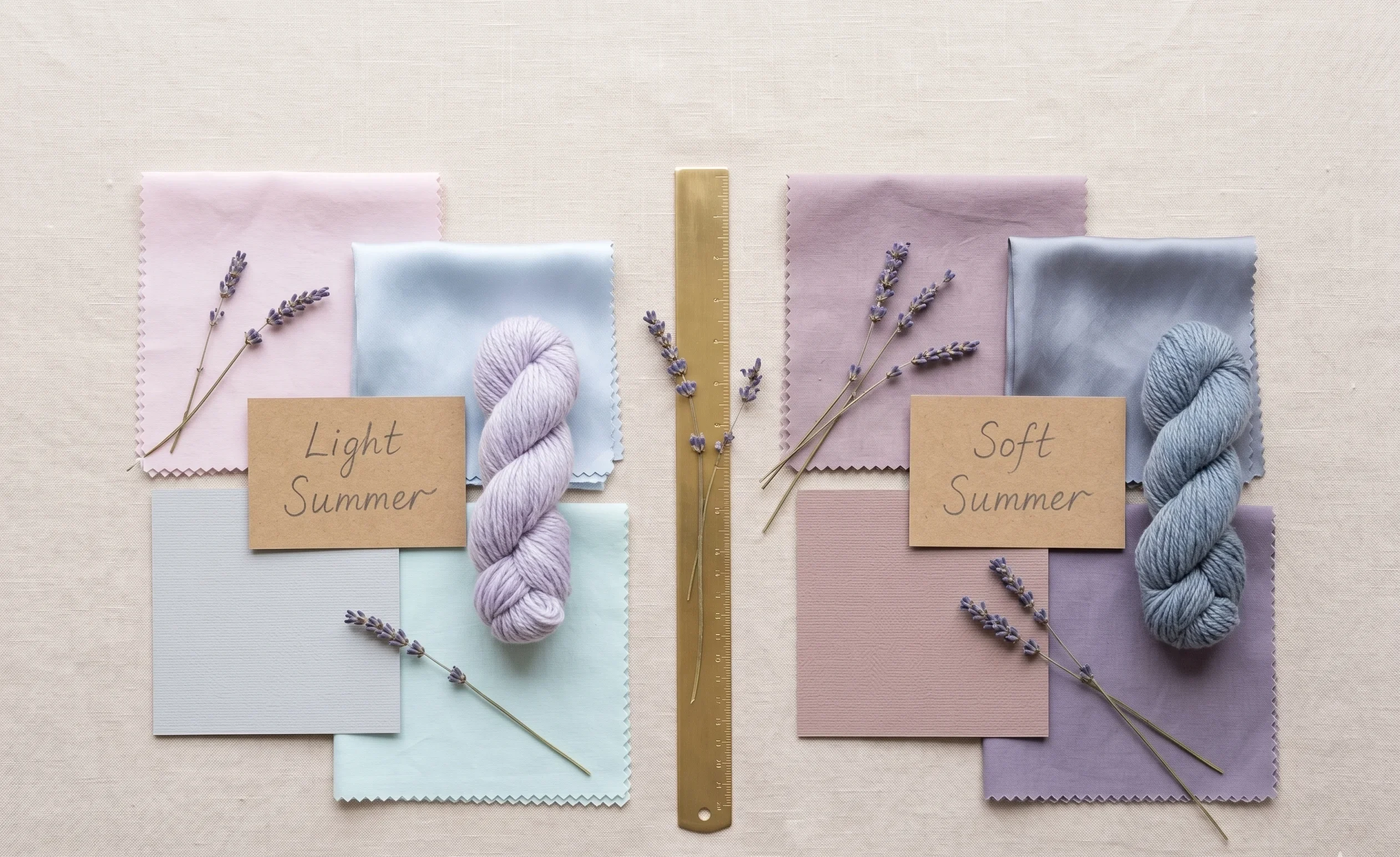 Light Summer vs Soft Summer colour palettes side by side — fabric swatches and wool hanks showing the difference between the two Summer sub-seasons