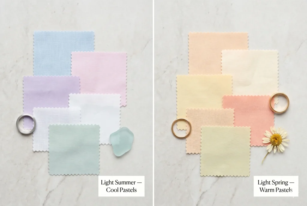 Side-by-side comparison of Light Summer palette (cool powder blue, icy pink, soft lavender — left) versus Light Spring palette (warm peach, warm ivory, pale coral — right) showing the temperature difference that distinguishes the two lightest adjacent colour seasons