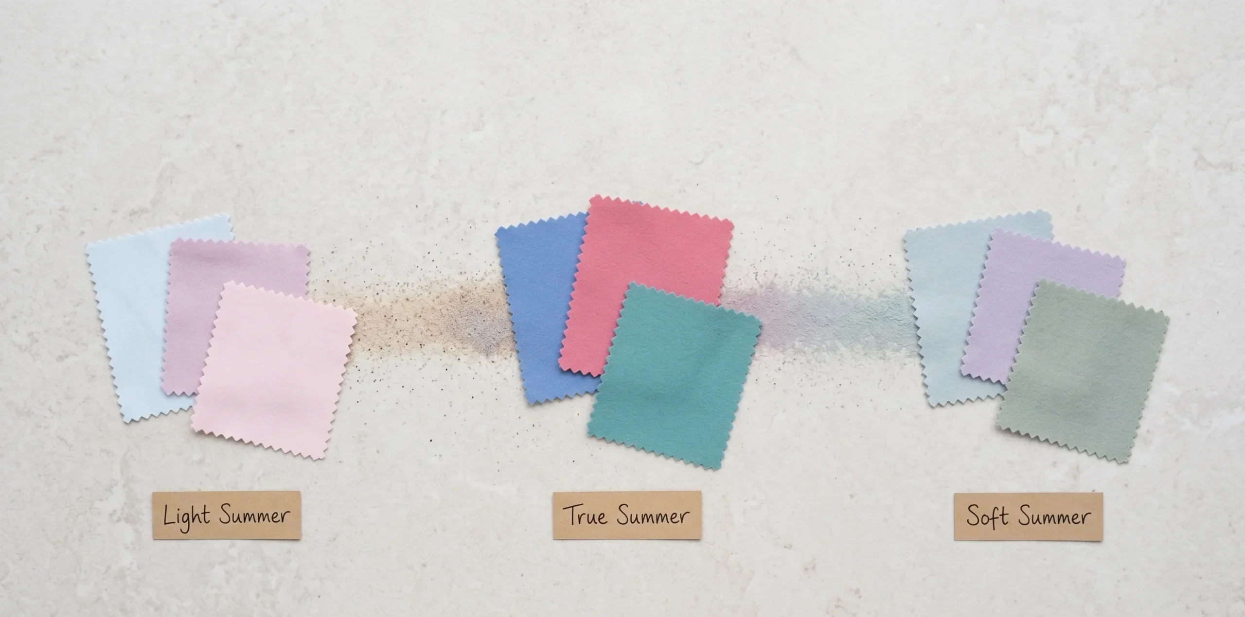 Three clusters of fabric swatches showing the Summer family in the 16-season framework — Light Summer (pale pastels), True Summer (clear cornflower blue, watermelon pink, cool teal), and Soft Summer (muted misty blue-grey, lavender, sage) — illustrating where the true summer color palette sits among its sister seasons