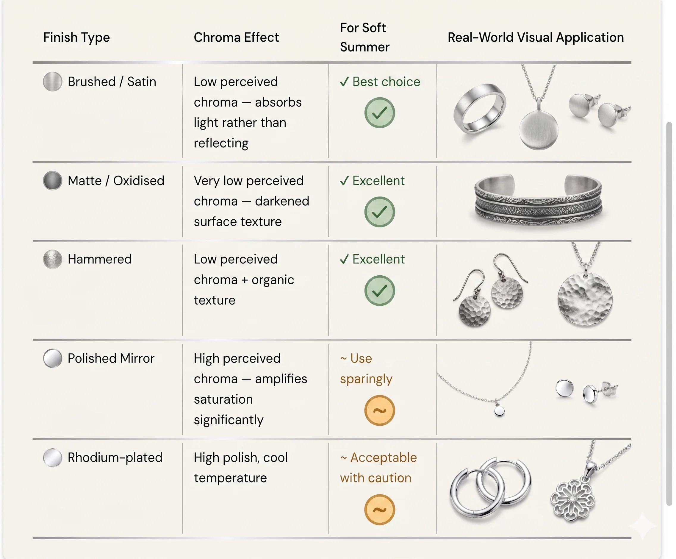 jewlery metal surfaces for soft summers