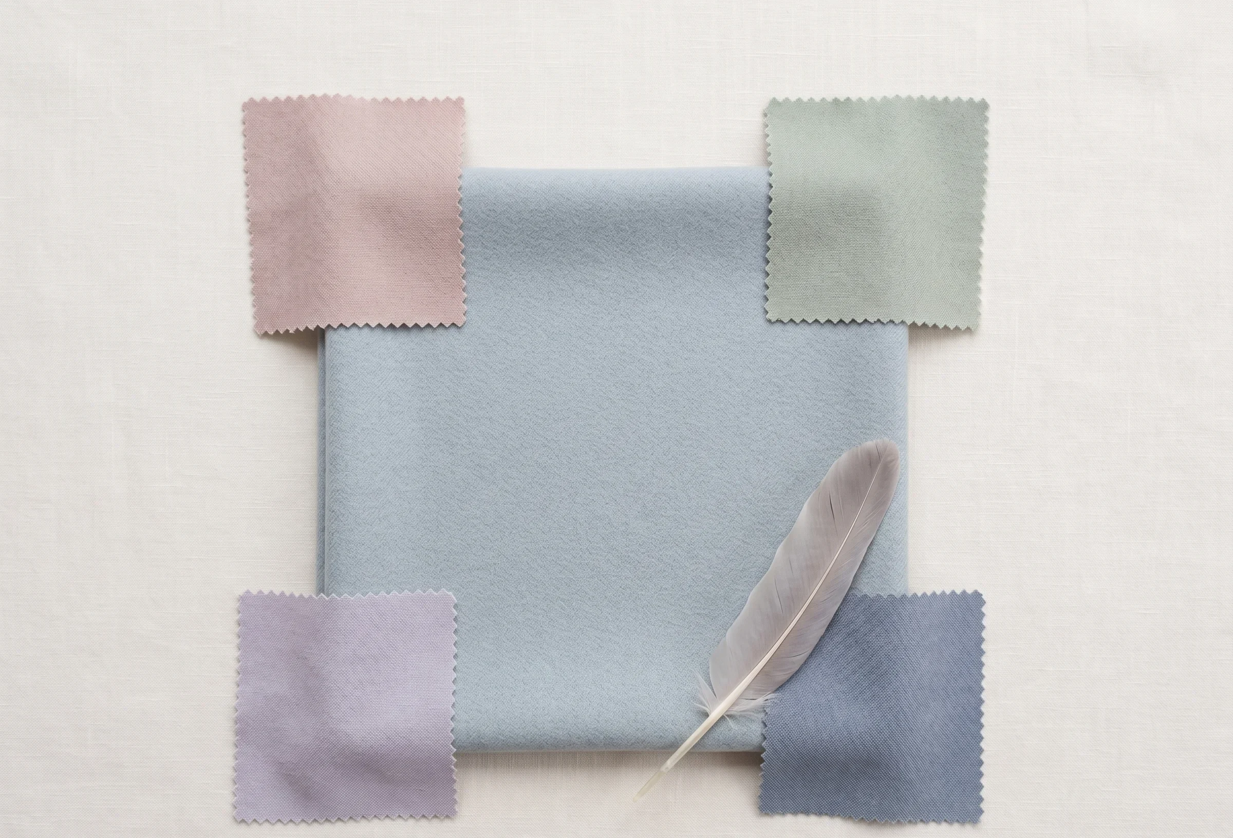Misty Blue-Grey wool fabric square as a central wardrobe anchor, surrounded by dusty rose, sage, lavender, and slate-blue Soft Summer accent swatches — capsule wardrobe neutral colour reference.