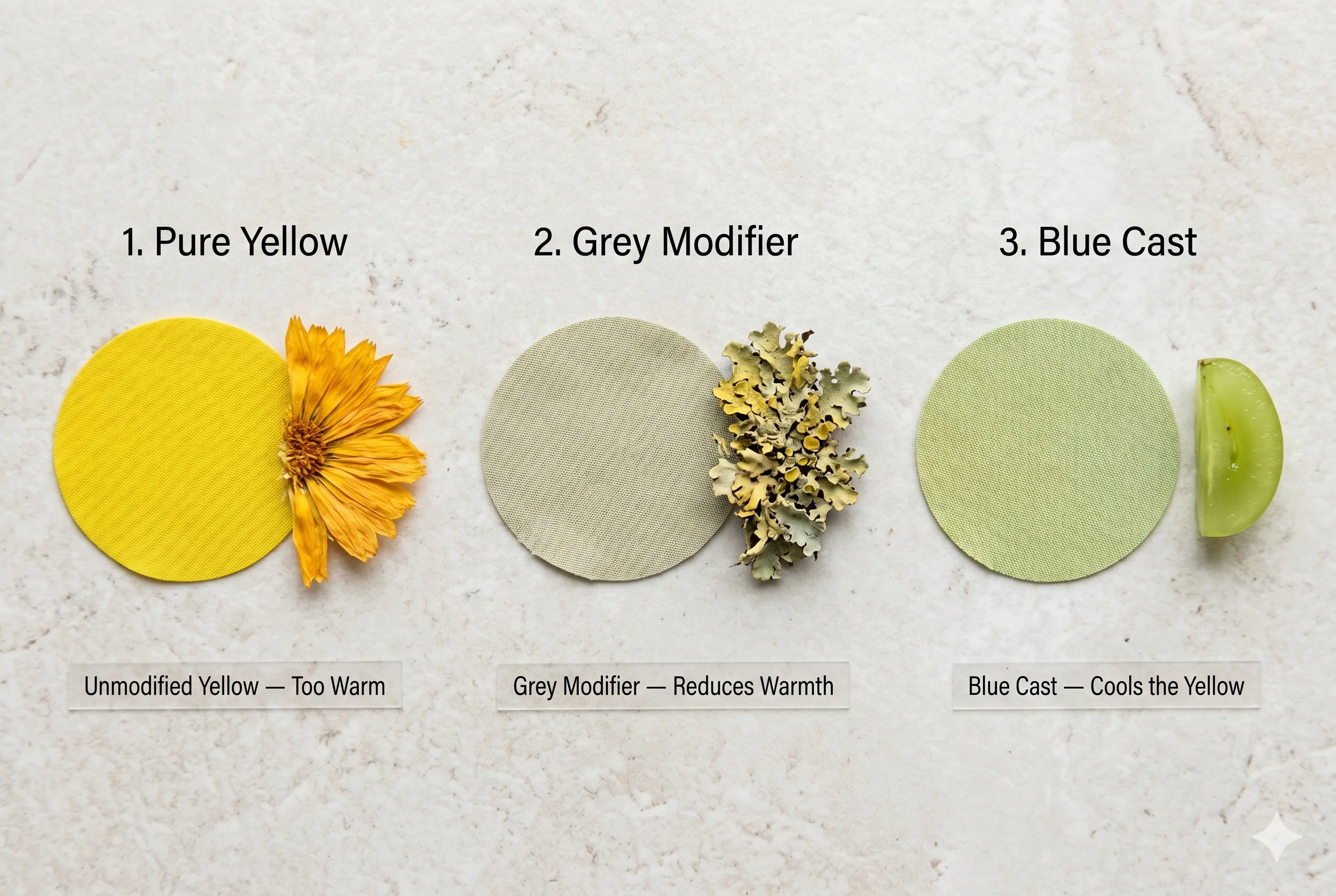 Three fabric swatch arrangements showing yellow modification for Soft Summer — unmodified vivid yellow (too warm), grey-modified greyed lemon (reduced warmth), and blue-cast cool citron (cooled yellow) — illustrating how Soft Summer yellow shades are modified to work with cool undertone
