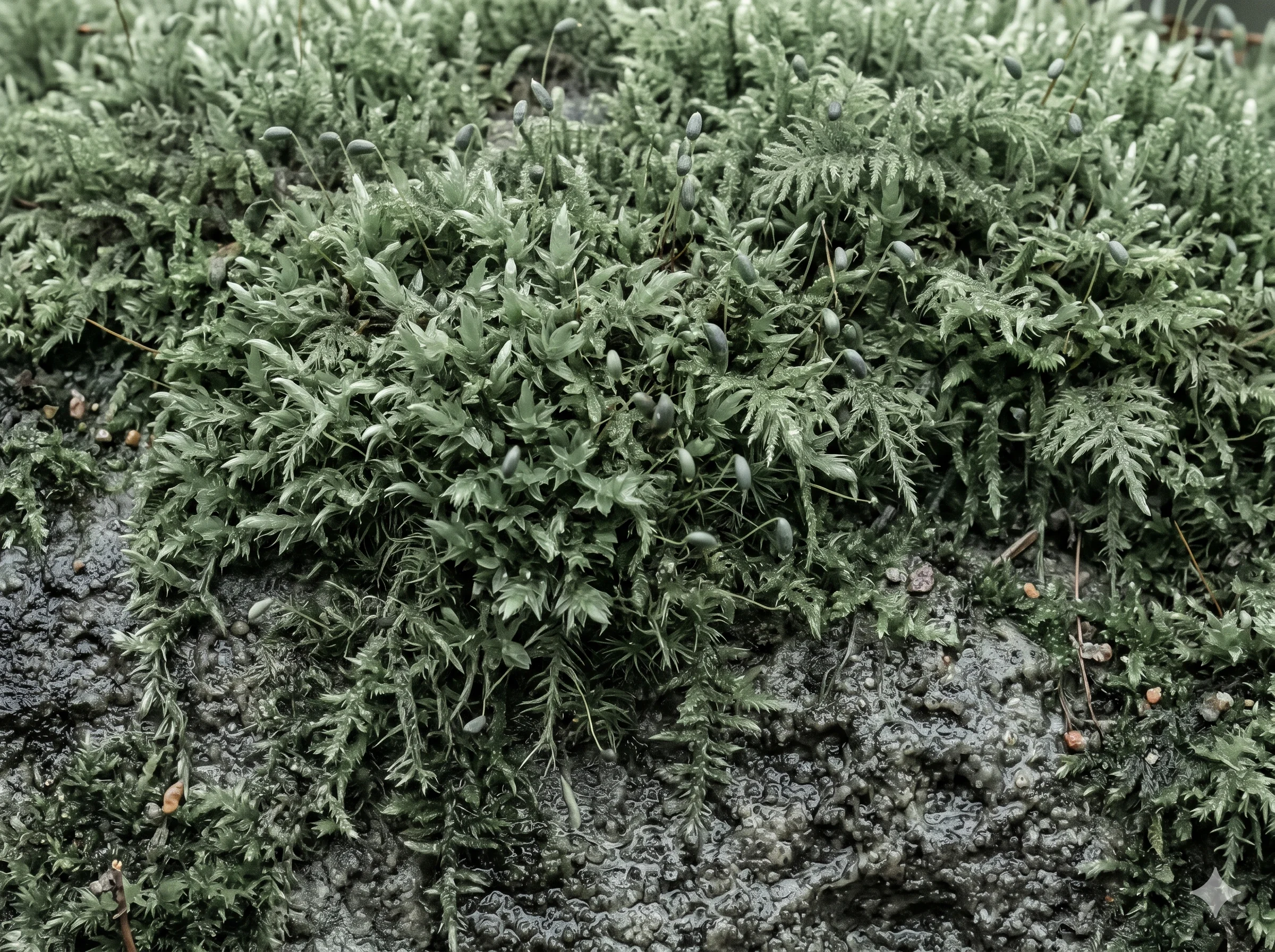 Editorial macro nature photography. NO human subjects.
Tight close-up of moss growing on a north-facing stone wall in late autumn or early winter — the specific cool grey-green of moss that never sees direct sunlight, in the particular shade that November's overcast flat light produces.
Moss tones reading at hex #A8B4AA to #8A9878 — no yellow, no warmth, pure muted cool-green.
Completely flat, diffused light — the kind that exists only on overcast days in shade.
4:3 crop, maximum texture detail on the moss surface.