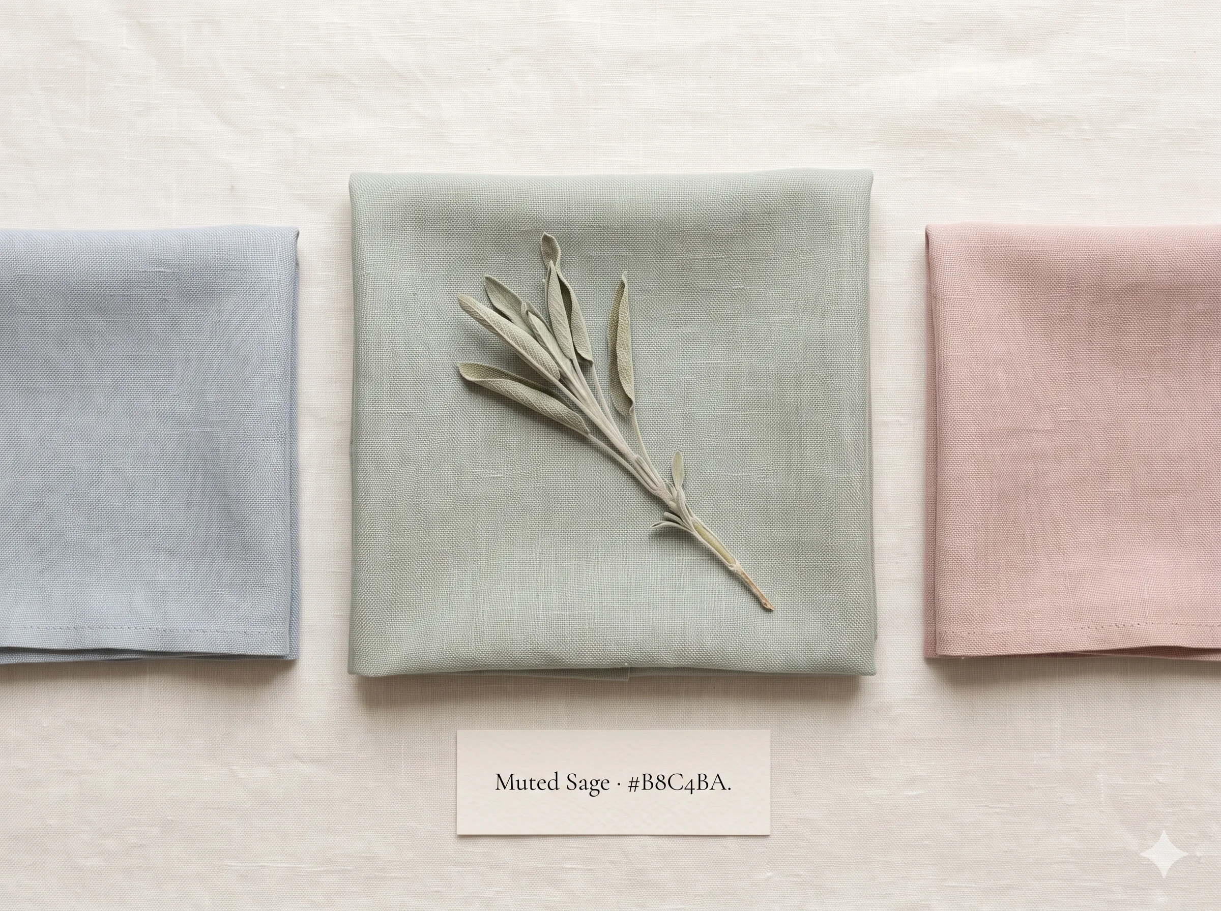 Muted Sage Green fabric square at centre flanked by Misty Blue-Grey and Blush Clay — showing the green neutral's wardrobe role as the connecting member between the cool-blue and rose wings of the Soft Summer palette.