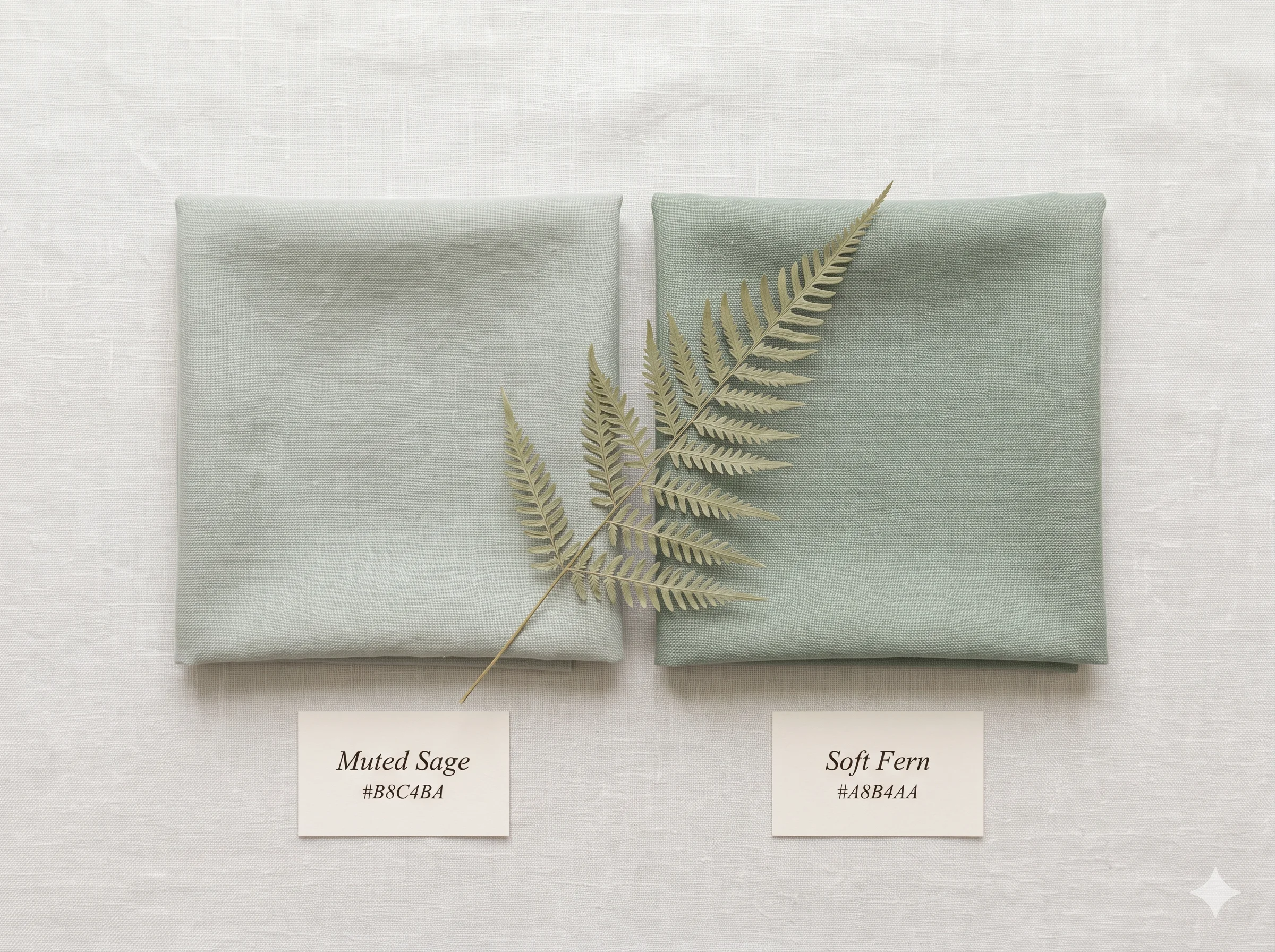 Muted Sage and Soft Fern fabric squares side by side with a dried fern frond spanning both — showing the green sibling pair in the Soft Summer palette, lighter neutral left and deeper accent right.