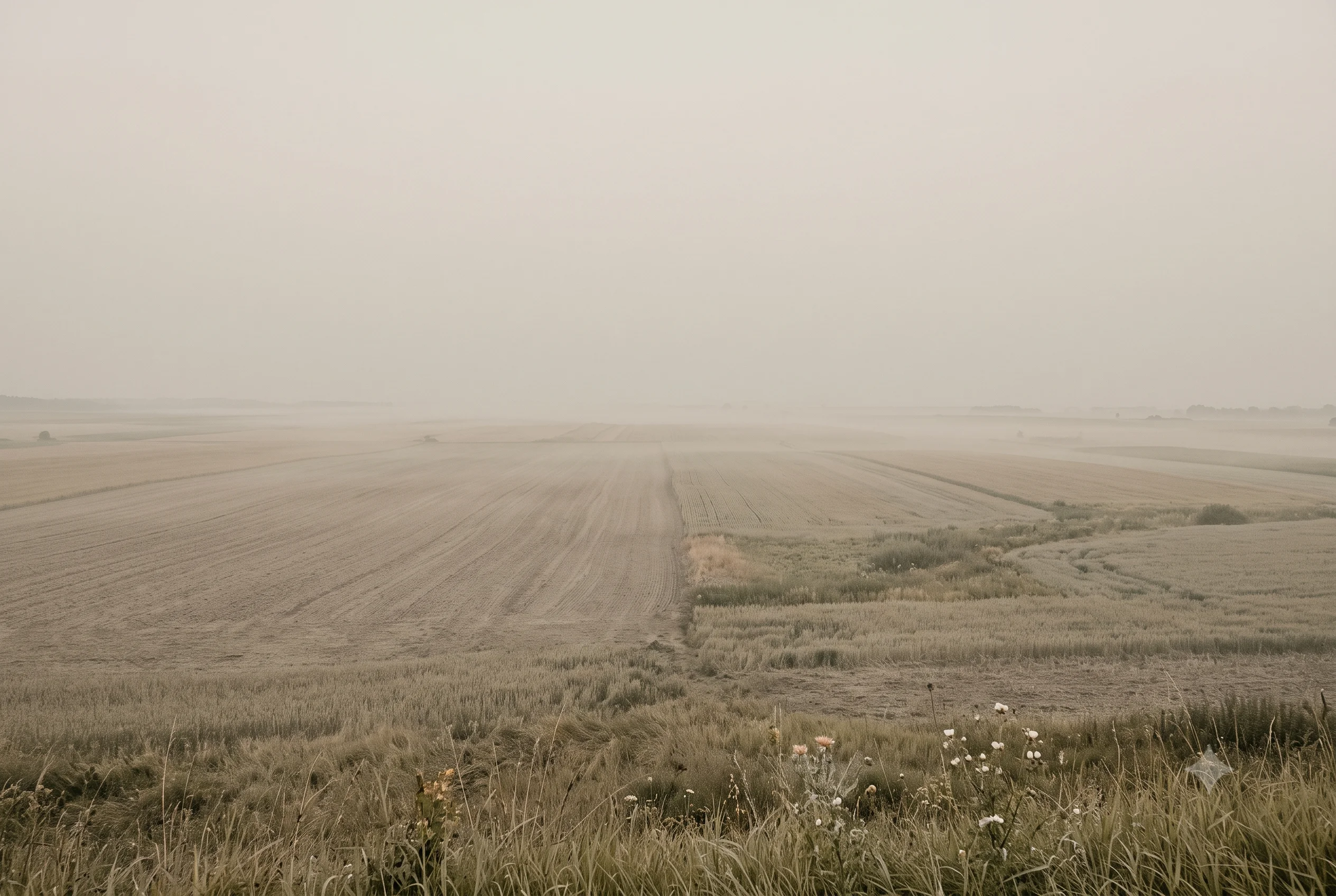 Open fields in August morning haze, the entire landscape reading in warm greige tones matching #D4D0C0 — showing the atmospheric warm neutral that exists in the transitional hour before full daylight arrives.