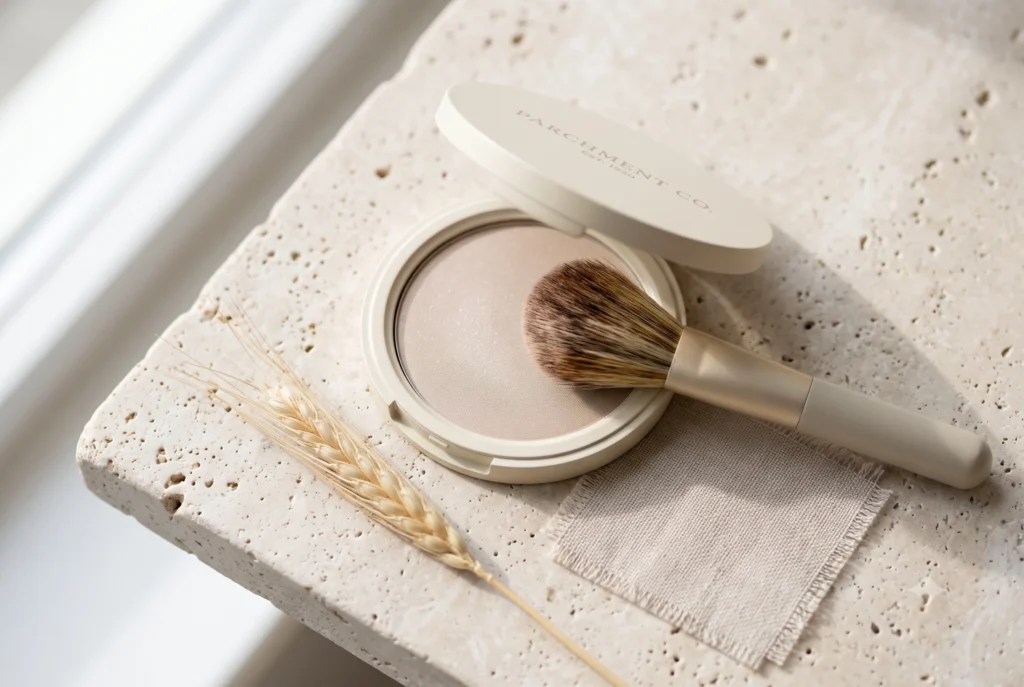 Open pressed-powder compact in Soft Parchment colour #C4C0B0 with a natural-bristle brush, dried wheat stalk, and linen swatch — makeup-illustration image showing the warm-neutral tone's presence beyond clothing in the Soft Summer palette.