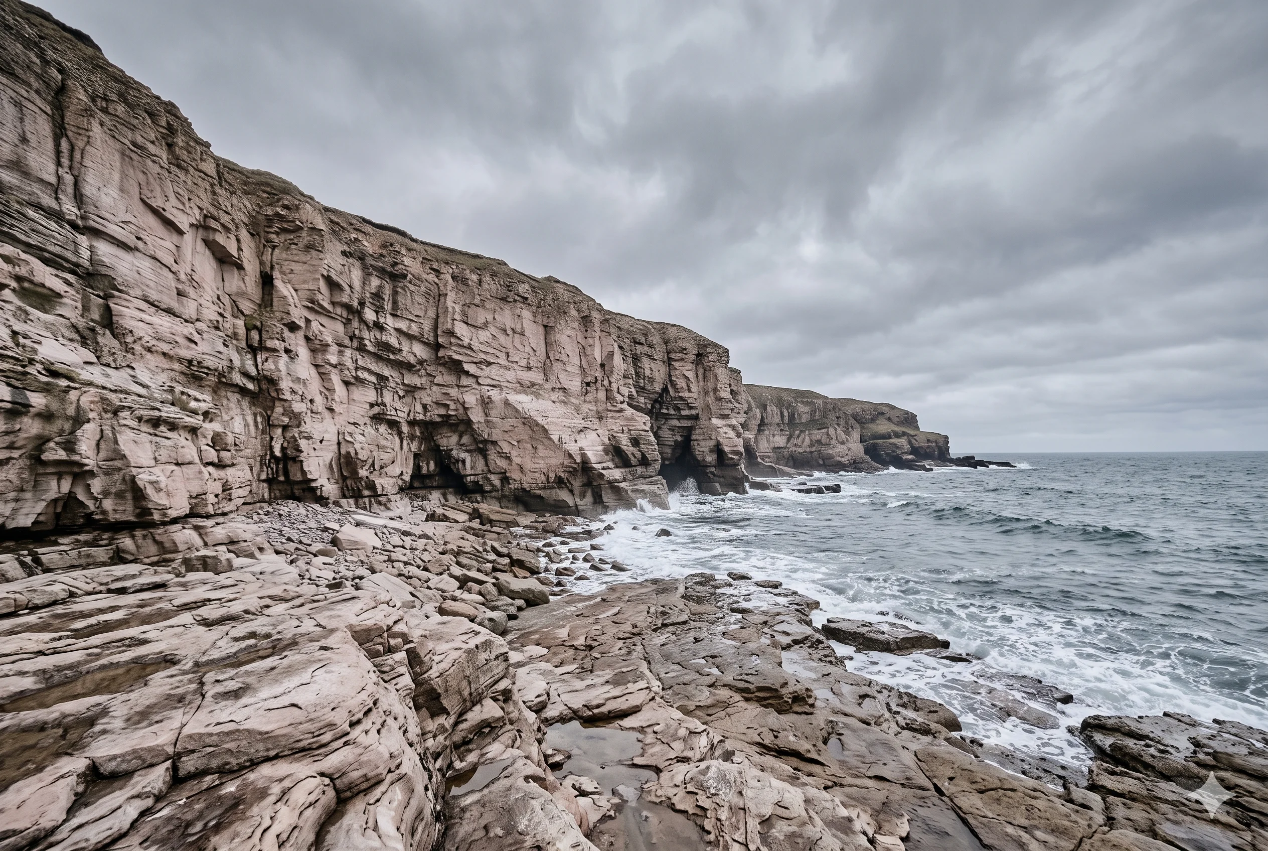  Pale coastal sandstone cliffs in heavy overcast light showing a greyed pink-beige tone matching Soft Summer's Blush Clay colour #D9C8C5 — how geological warmth reads as cool-neutral under diffused flat light.