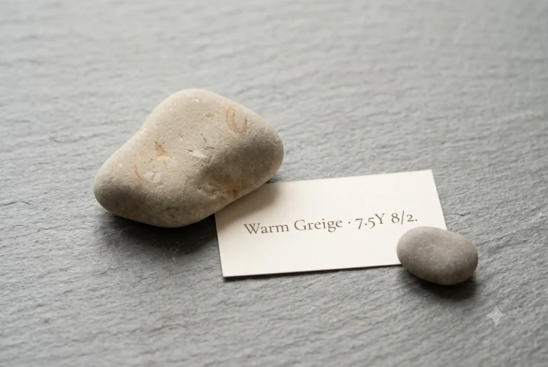 Pale sandstone chip beside a cool river pebble on weathered slate — colour validation for Warm Greige #D4D0C0 as Soft Summer's warm-neutral swatch, showing the mineral warmth that geology holds at very low chroma.