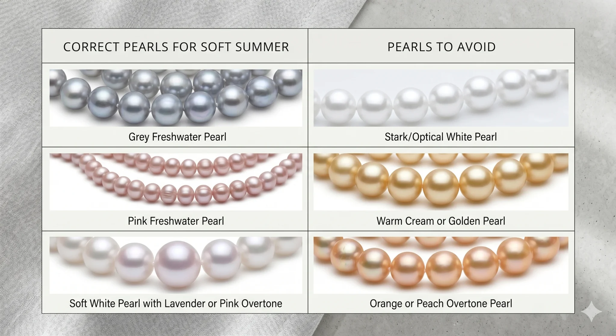 Pearls are one of the most naturally Soft Summer-compatible jewelry materials — when you choose the right type. The pearl family has a range from stark white to warm cream to cool grey, and the correct Soft Summer pearl is not stark white or warm cream.