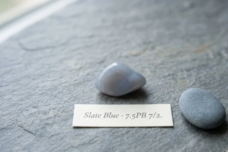 Polished grey-blue mineral chip on slate tile with a label card reading the Munsell notation for Slate Blue — final colour validation reference for the Soft Summer palette.