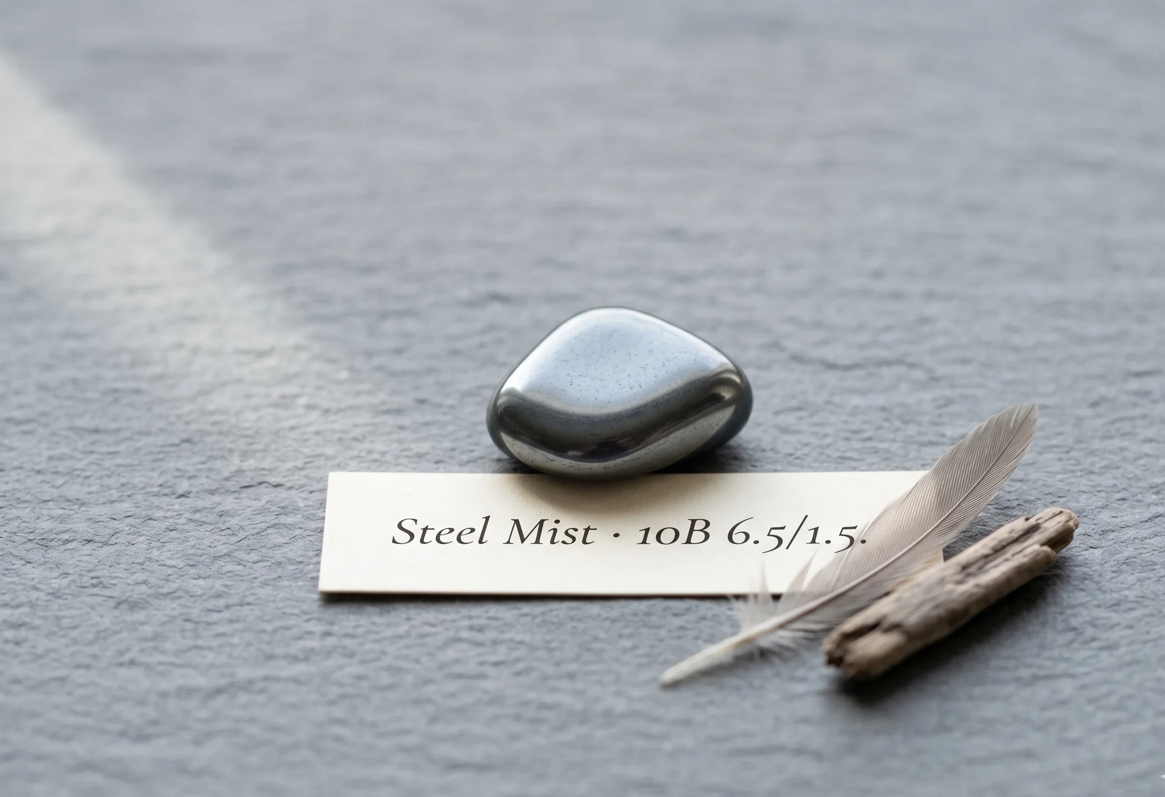 Polished hematite-grey mineral chip on slate tile with a label card reading the Munsell notation for Steel Mist — final colour validation reference completing the Soft Summer blue-grey trio.