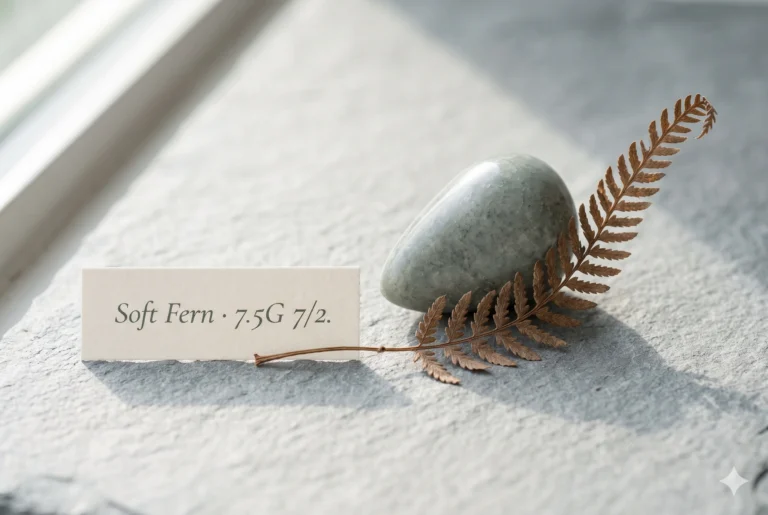 Polished serpentine stone in cool grey-green matching Soft Fern colour #A8B4AA with Munsell label card — validation for the Soft Summer palette's second green-wing neutral.