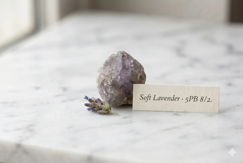 Raw amethyst crystal in natural grey-violet tone on white marble with Munsell label card — colour validation reference for Soft Lavender as a confirmed Soft Summer palette neutral.