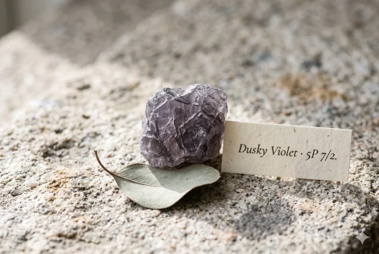 Raw fluorite in natural greyed violet tone on weathered granite, with Munsell label card reading Dusky Violet 5P 72 — colour validation reference for Soft Summer's deepest cool accent swatch.