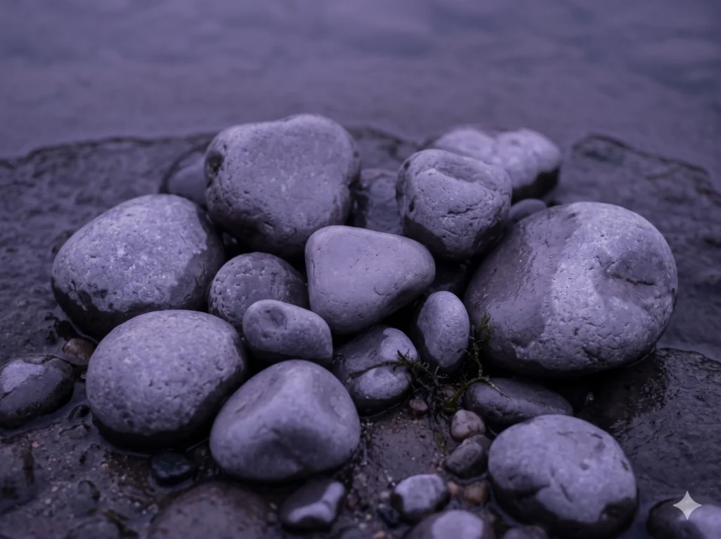 River stones in cool violet dusk light at hex #ACA6B8 — a natural reference for Soft Summer's Dusky Violet swatch as an environmental, atmospheric tint rather than a saturated colour.